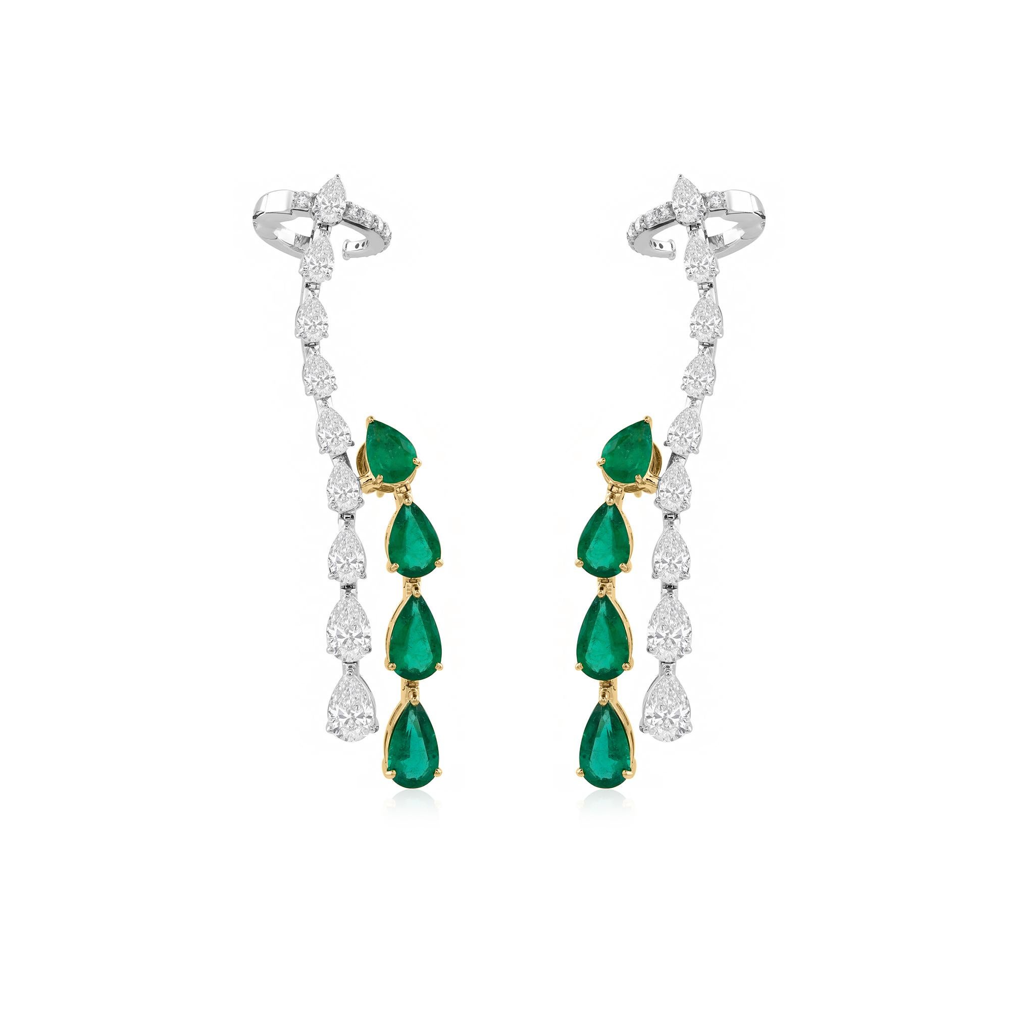 Pendientes Esmeralda Zambiana SI/HI Diamante Dos Tonos Oro 18k Trepador Envolvente en Nuevo estado para la venta en Diera, Dubai