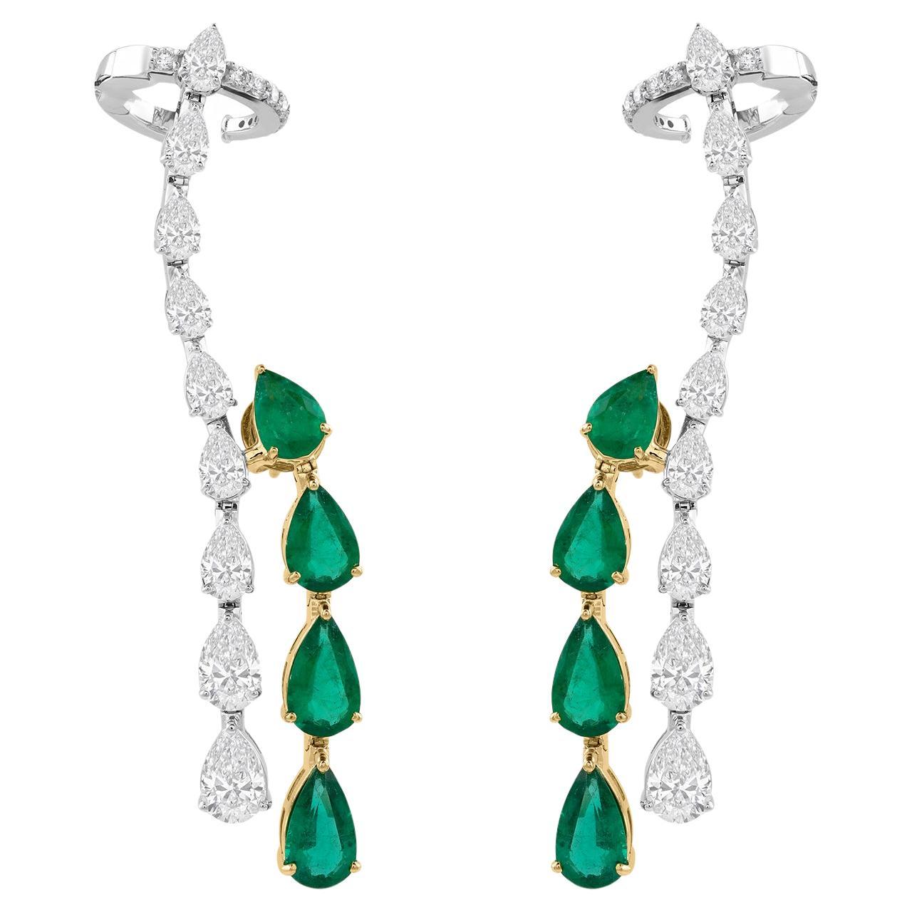 Pendientes Esmeralda Zambiana SI/HI Diamante Dos Tonos Oro 18k Trepador Envolvente en venta