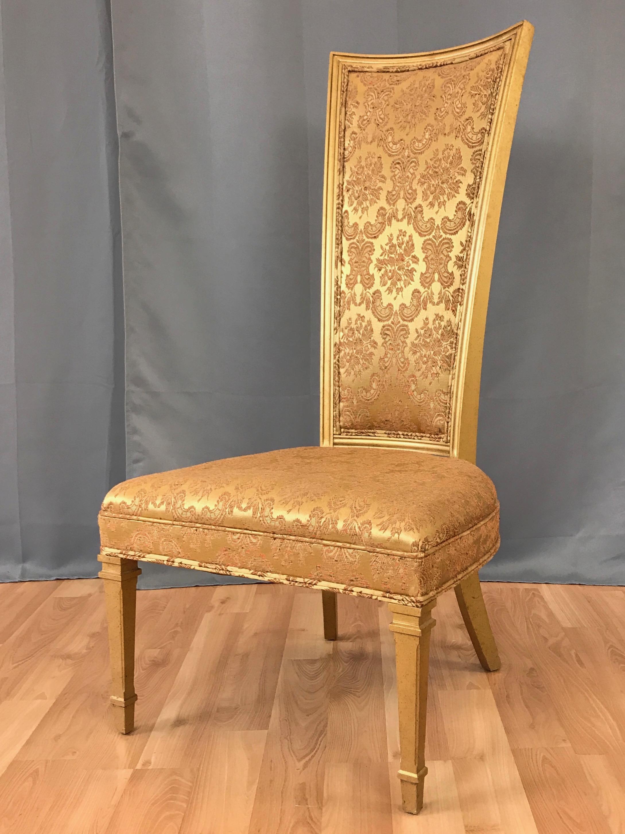 A fabulous 1950s Hollywood Regency Louis XVI-style high back side chair by Statesville Chair Co.

Subtly antiqued giltwood legs and frame with crisp neoclassical lines support a broad slipper seat and narrow statuesque back. Exquisite French damask