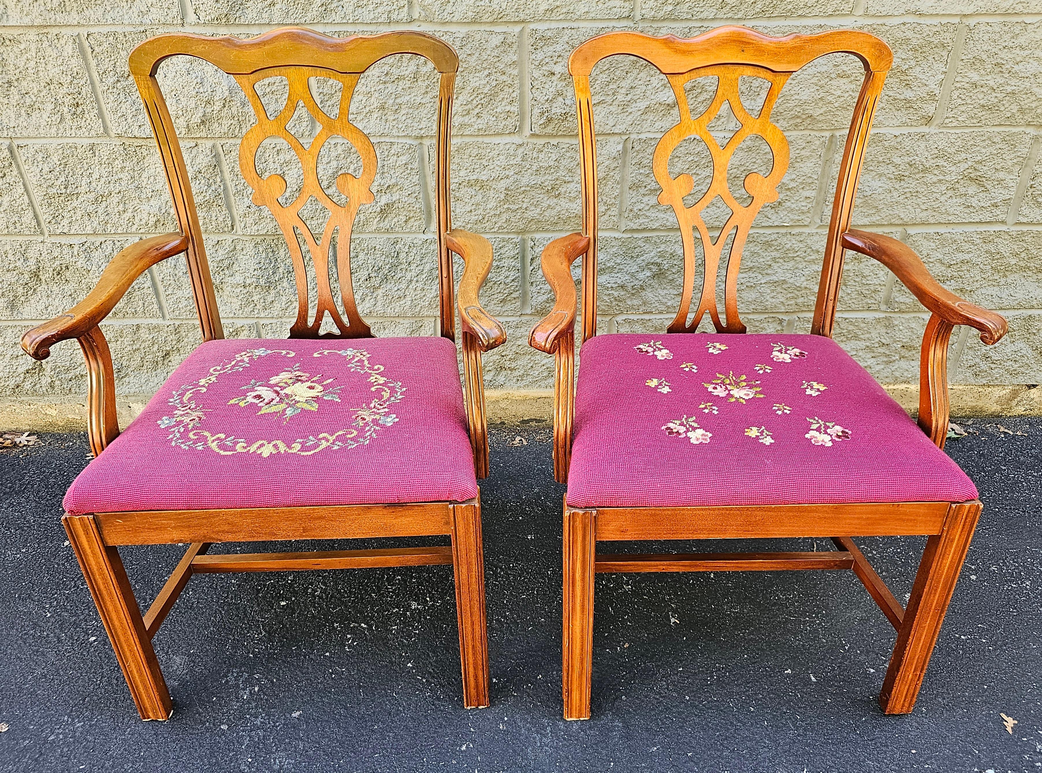 Pair of Stateville Chair Company Mid-Century Chippendale Mahogany Needflepoint ArmChairs. 
Very good vintage condition. Measures 25.5