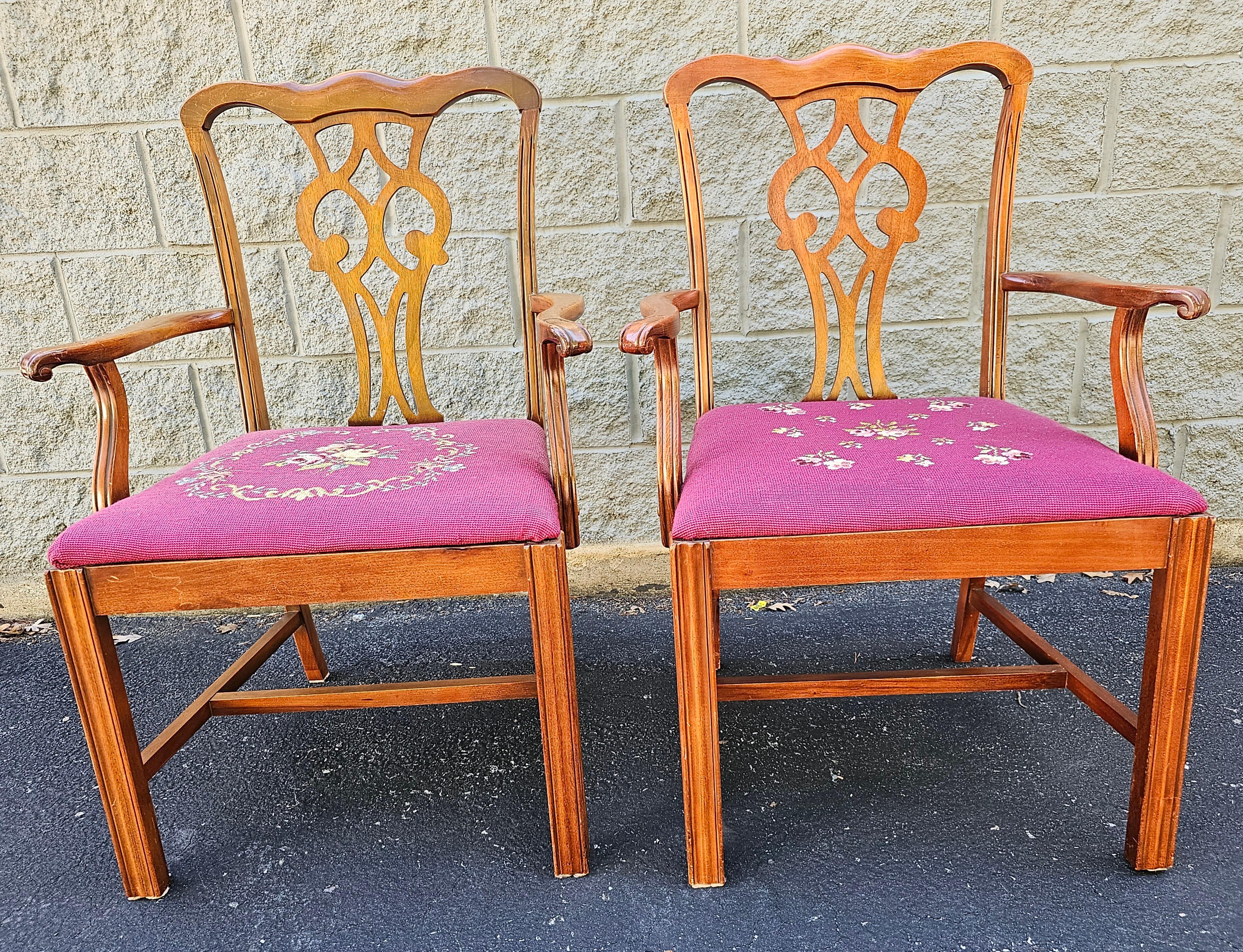 American Stateville Chair Mid-Century Chippendale Mahogany Needflepoint ArmChairs, Pair For Sale