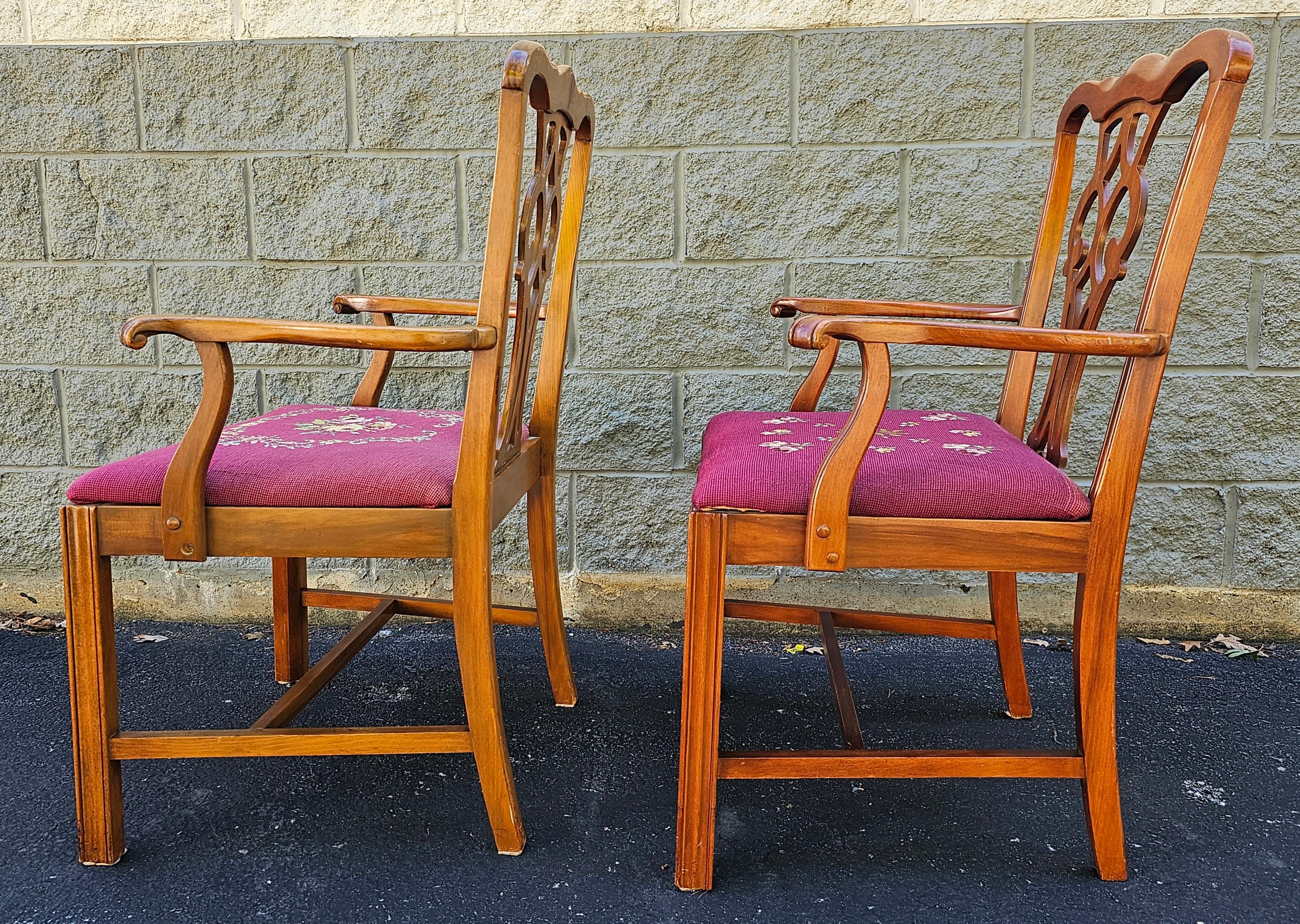Stateville Chair Mid-Century Chippendale Mahogany Needflepoint ArmChairs, Pair In Good Condition For Sale In Germantown, MD