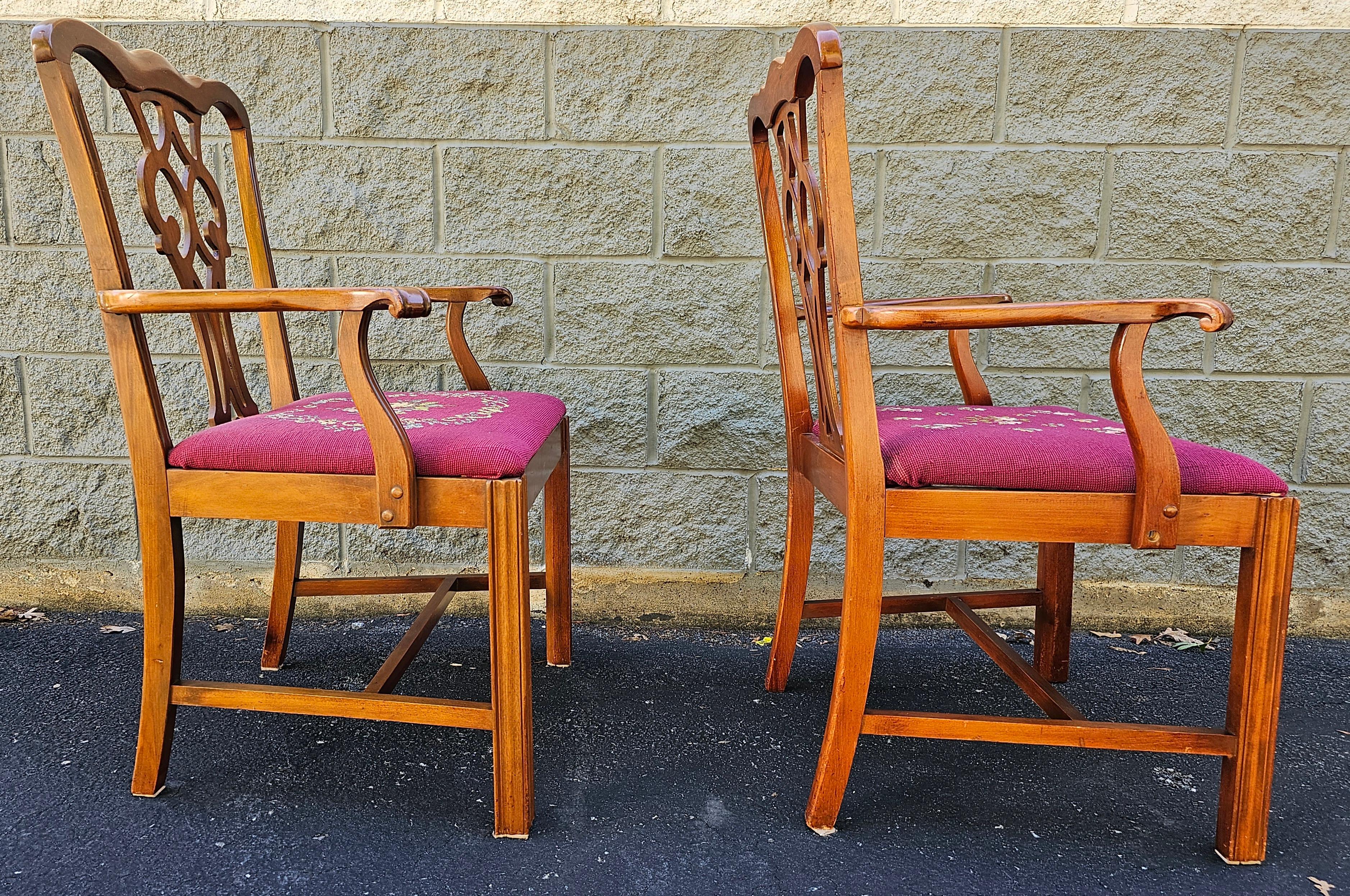 20th Century Stateville Chair Mid-Century Chippendale Mahogany Needflepoint ArmChairs, Pair For Sale