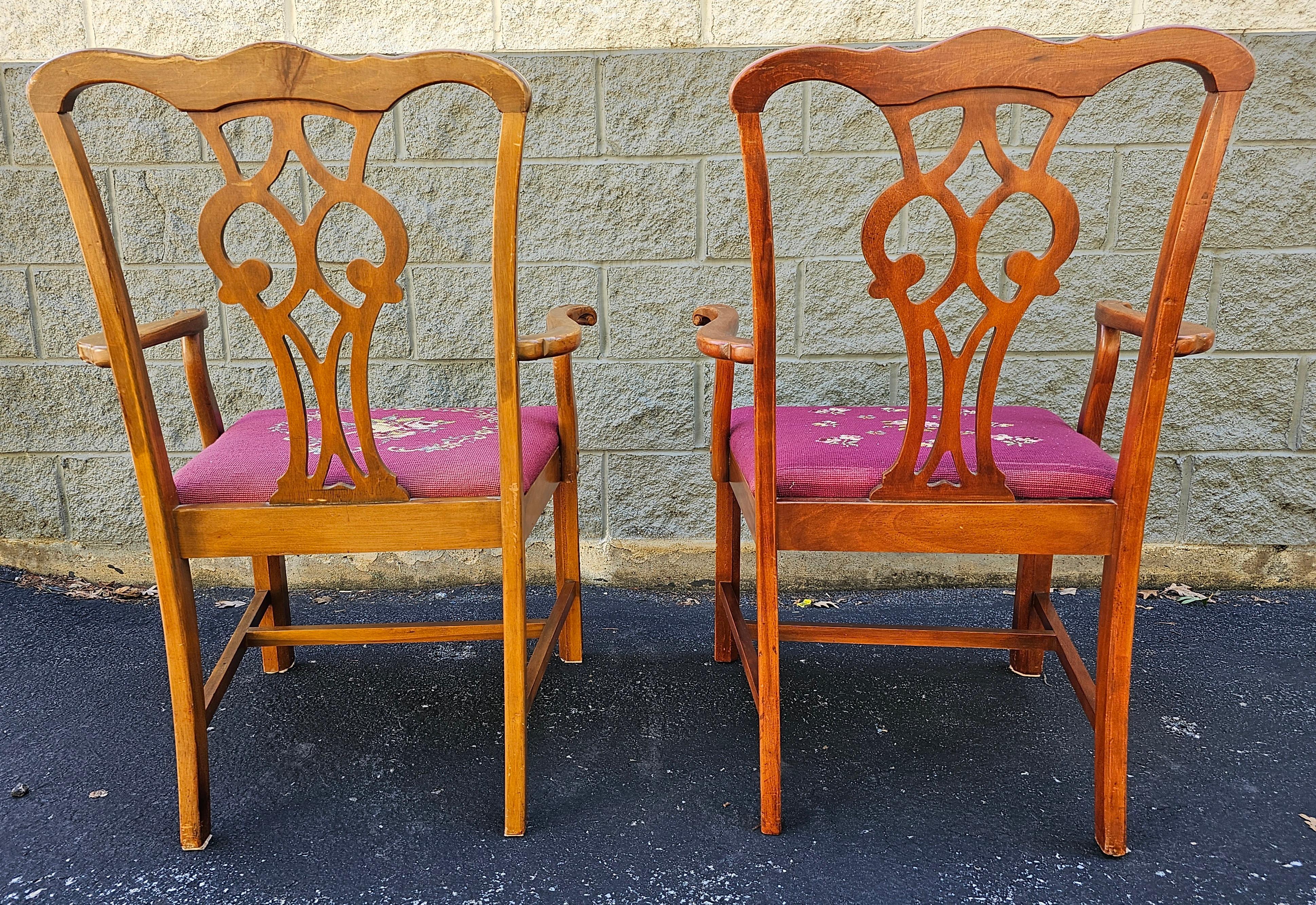 Stateville Chair Mid-Century Chippendale Mahogany Needflepoint ArmChairs, Pair For Sale 1