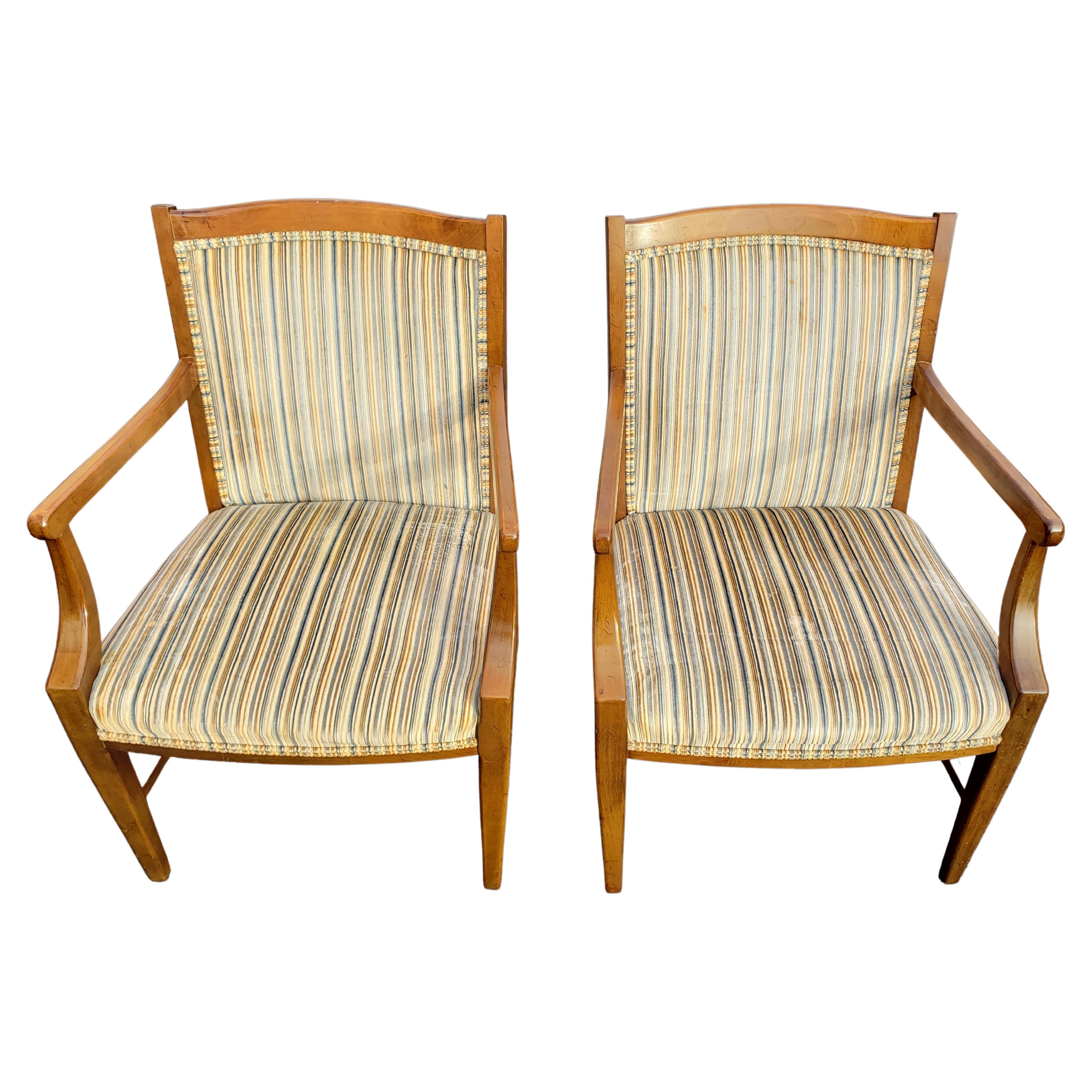 Pair of stateville ross upholstered maple armchairs, Circa 1970s. Seats in good condition. Clean striped upholstery. Measurements: 24