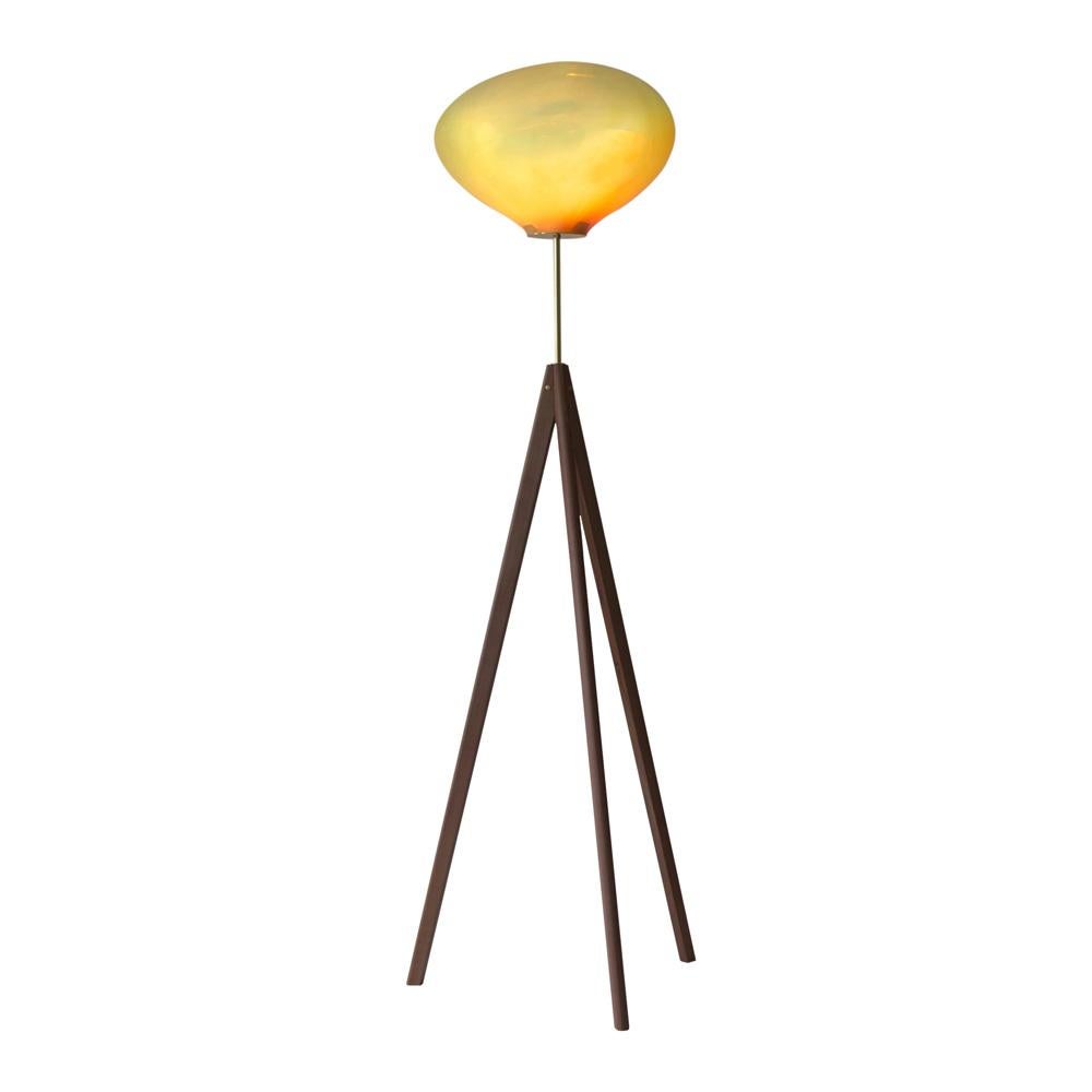 Stati X amber iridescent floor lamp by ELOA.
No UL listed 
Material: glass, steel, silver, LED bulb, brass, walnut,oak.
Dimensions: D 62 x W 62 x H 180 cm.
Also Available in different colours and dimensions.

All our lamps can be wired according to