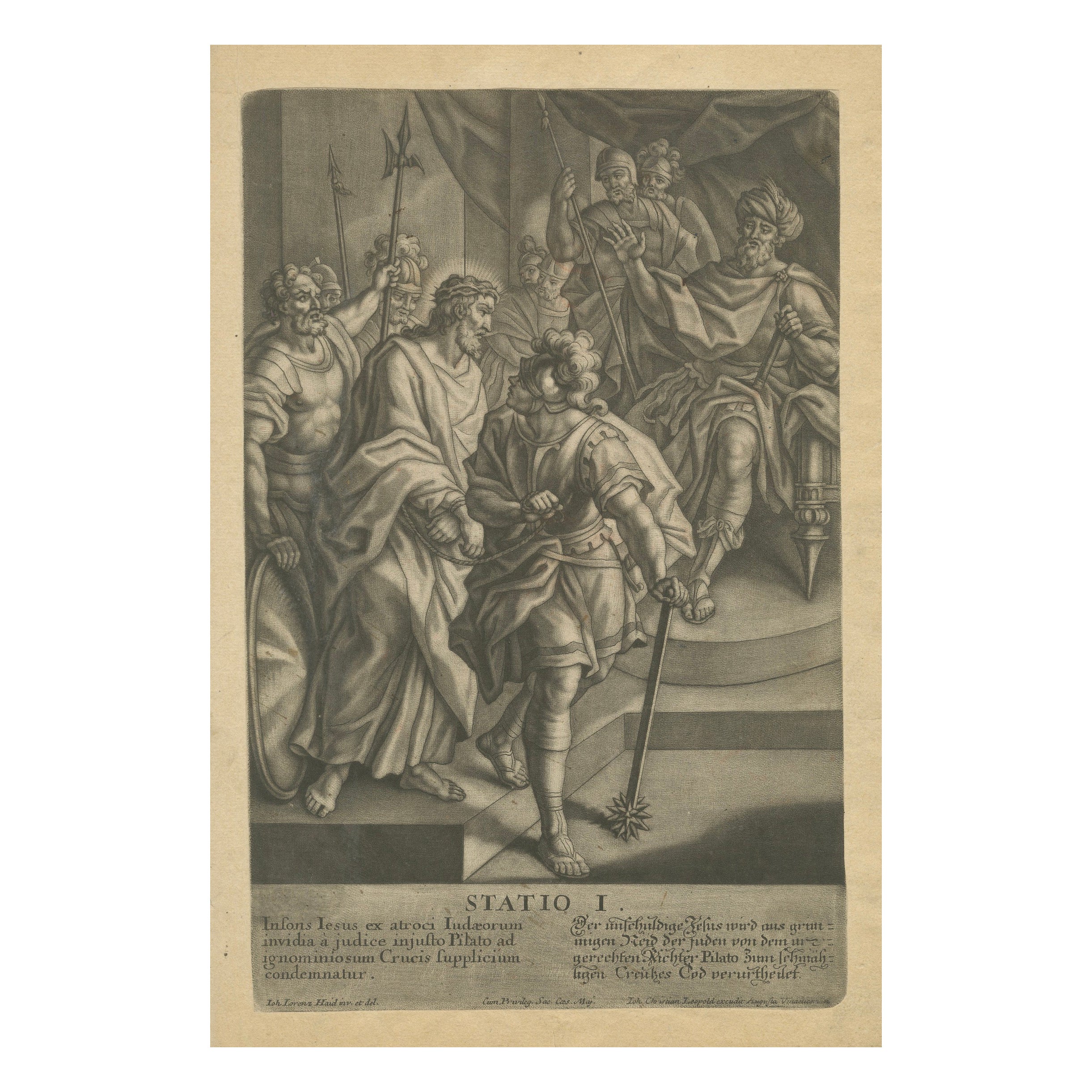 Statio I – Christ Condemned to Death, Antique Mezzotint, Late Baroque en venta