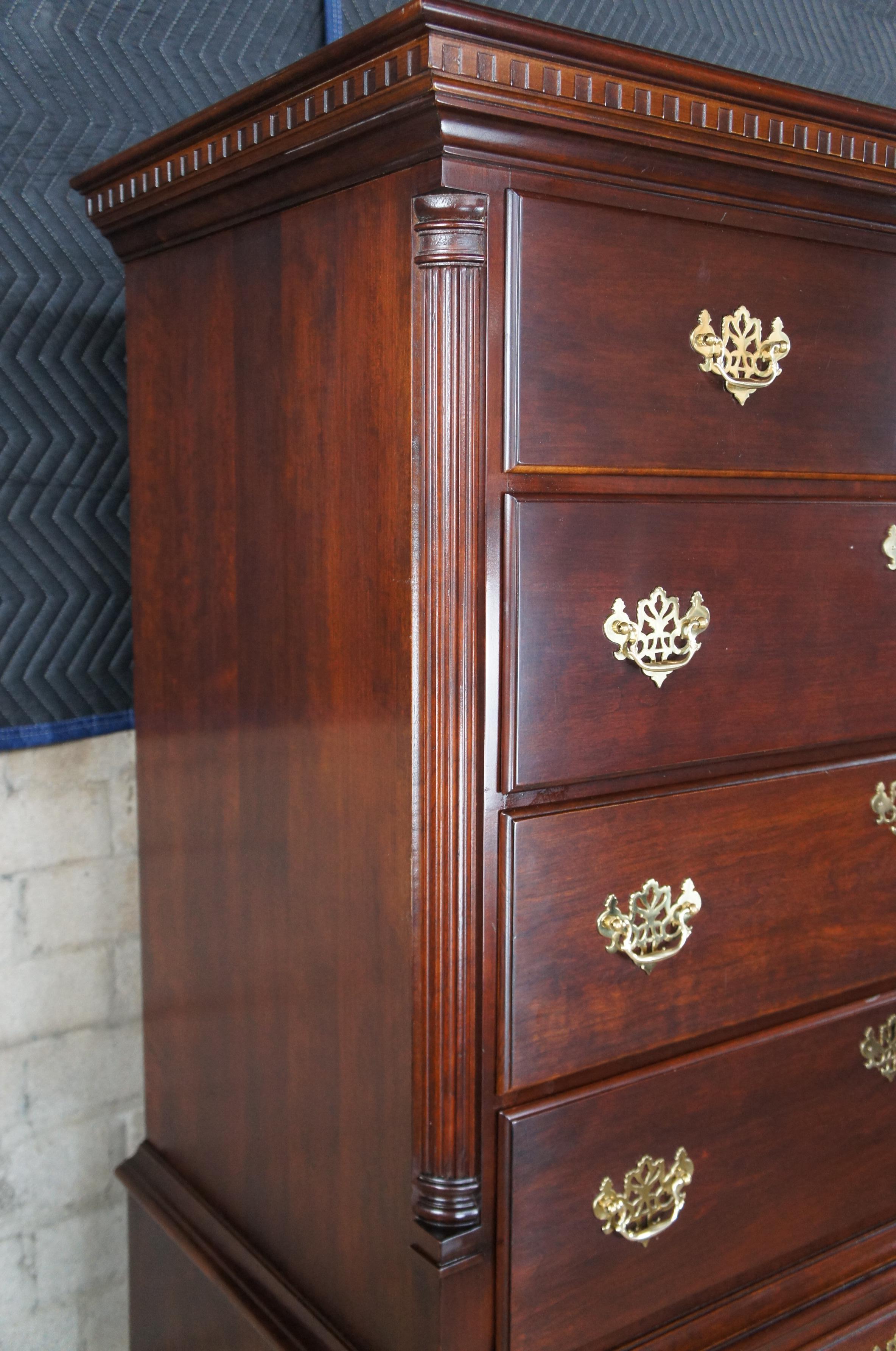 Brass Statton Old Towne Cherry Chippendale Georgian Highboy Tallboy Chest Dresser