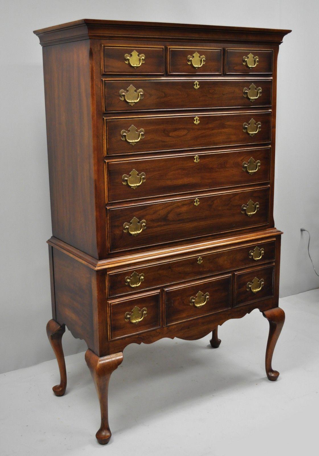 Statton Trutype cheerywood highboy tall chest in the Oxford antique finish. Item features solid cheerywood construction, beautiful wood grain, serial number #52768, eleven dovetailed drawers, shapely Queen Anne legs, solid brass hardware, and