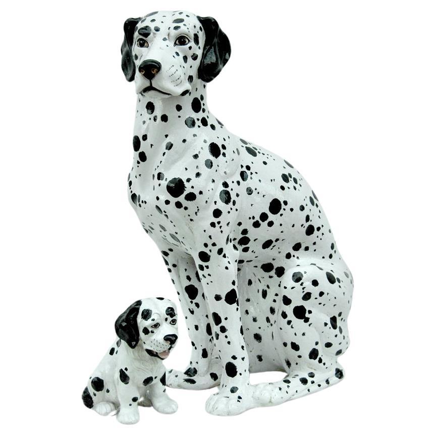 Statua vintage in ceramica Dalmata con cucciolo