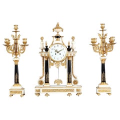 Statuary Marble and Blue Porcelain Clock Garniture with Ormolu Mounts