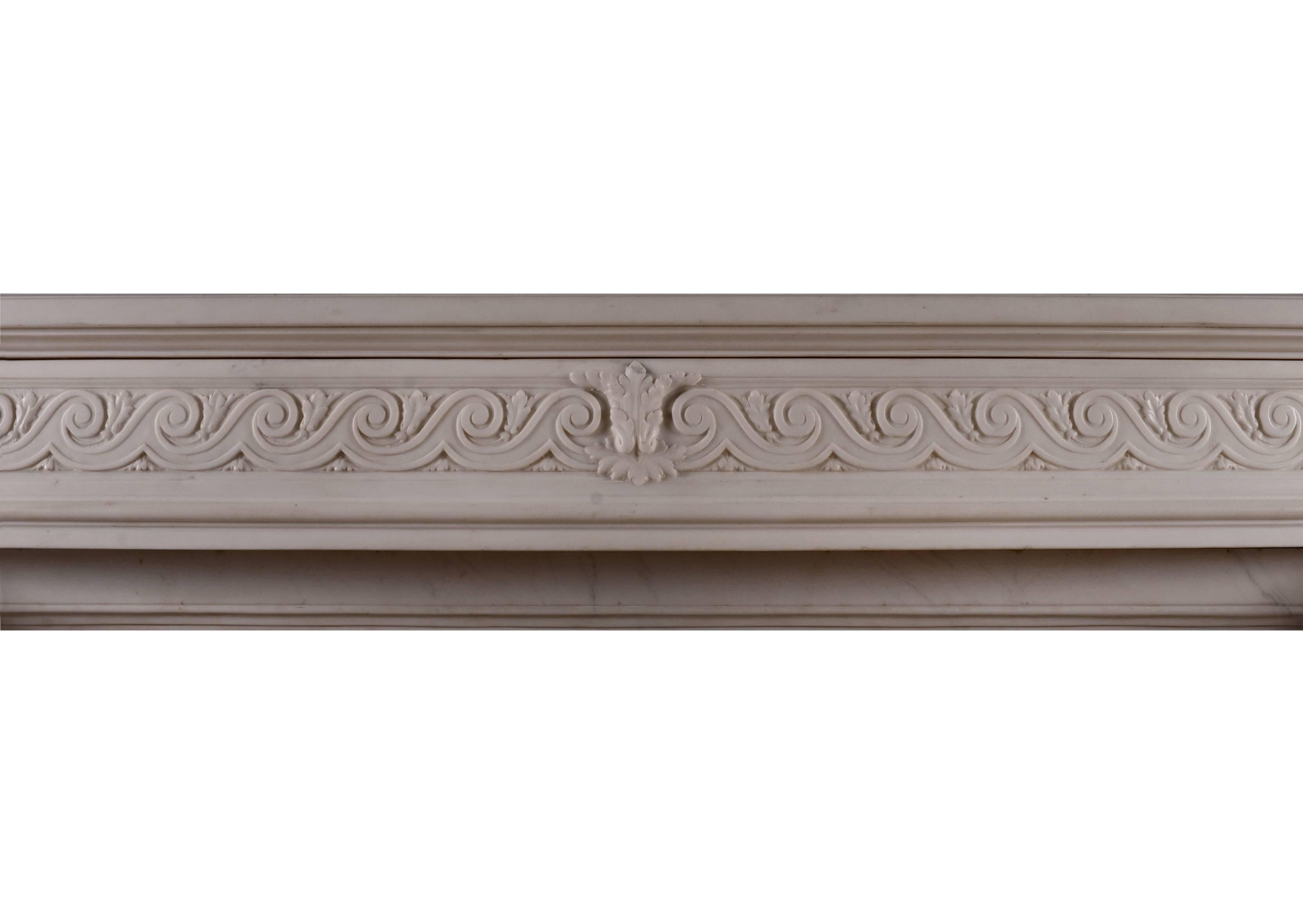 An elegant and good quality 19th century (circa 1840) French Louis XVI Statuary marble fireplace, with bowed frieze with guilloche carving. Round paterae above shaped jambs. Shelf length at wall line 62.75 in


Measure: 
Shelf width: 1640 mm / 64