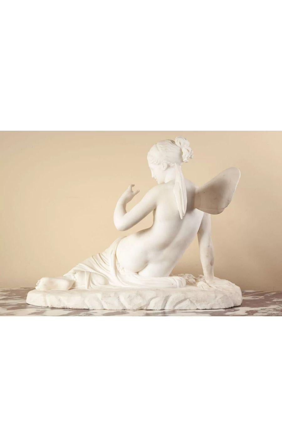 A finely carved white statuary marble figure of Psyche.

In Greek mythology, Psyche is the goddess of the soul and wife of Eros, god of love. She was the most beautiful girl in the world, much envied by Aphrodite, the goddess of love and beauty. In