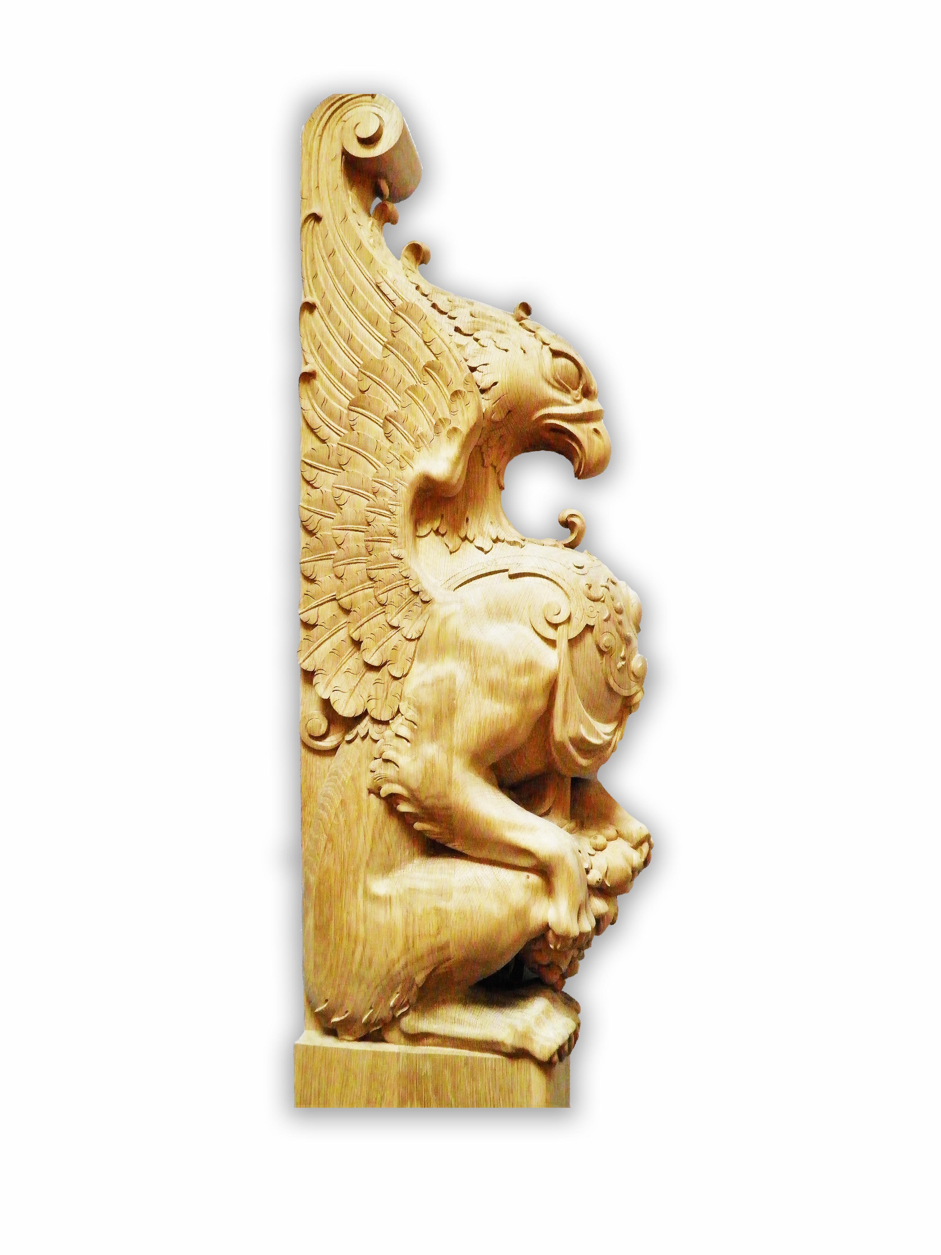 Unfinished high quality carved newel post Griffin, Griffon or Gryphon.

Please notice! Because of the large size and weight of cargo, we deliver this product to the nearest major international airport.

Each product is processed manually. The