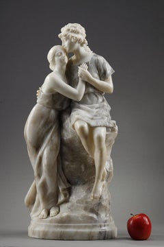 Statue en albâtre et en marbre représentant Hélène et Paris, 20e siècle