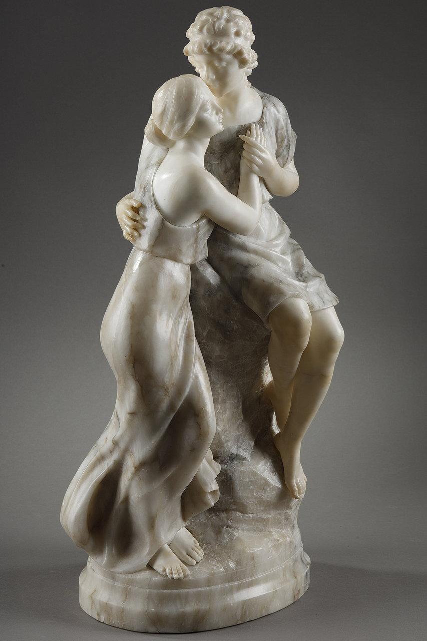Neoclassical Statue in Alabaster and Marble Representing Helen and Paris, 20th Century For Sale