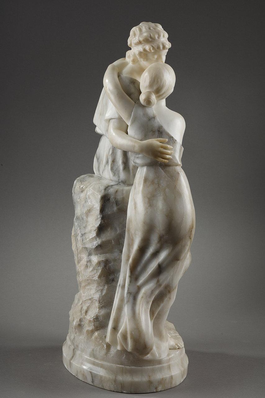 French Statue in Alabaster and Marble Representing Helen and Paris, 20th Century For Sale