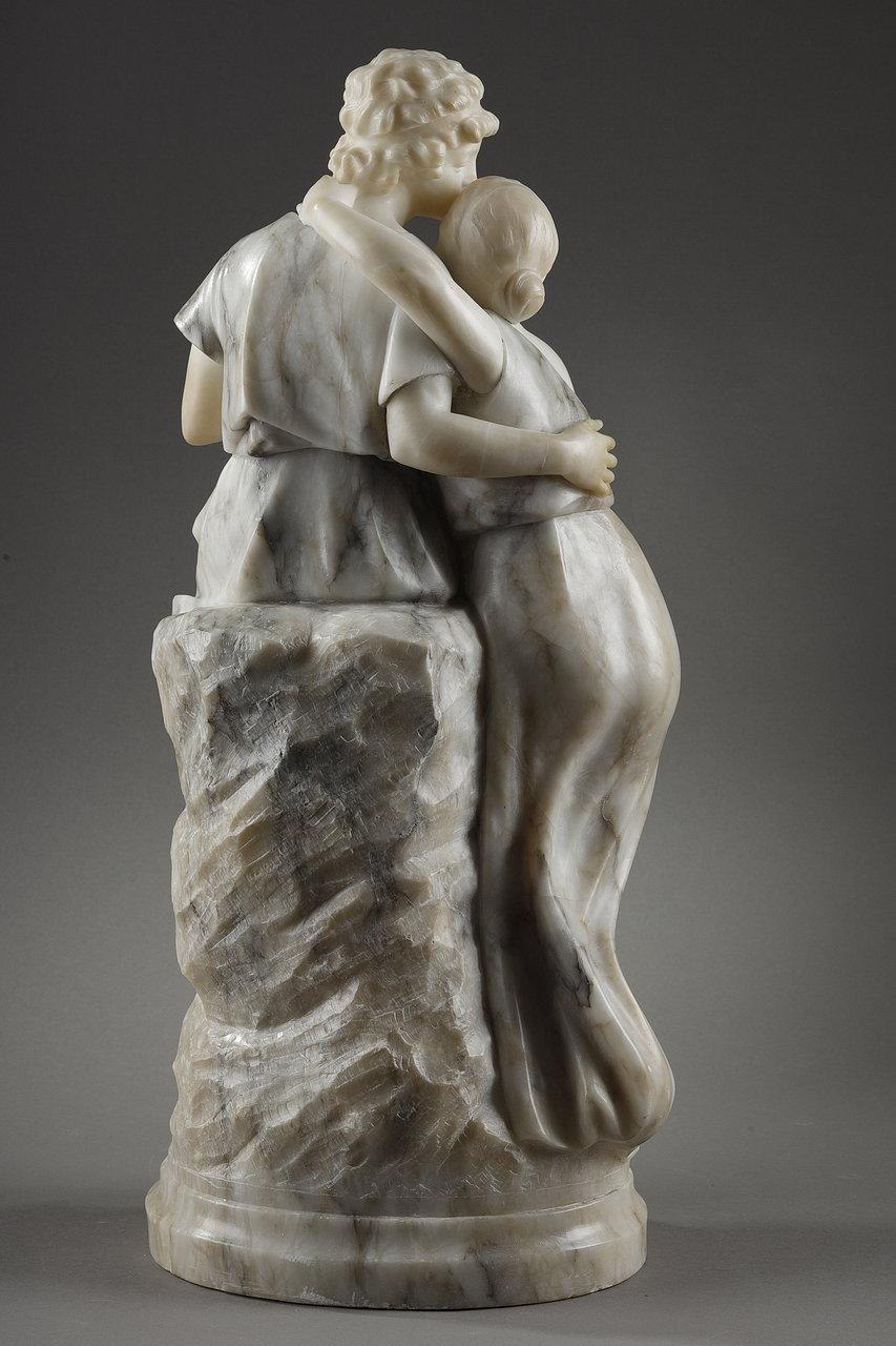 Hand-Carved Statue in Alabaster and Marble Representing Helen and Paris, 20th Century For Sale