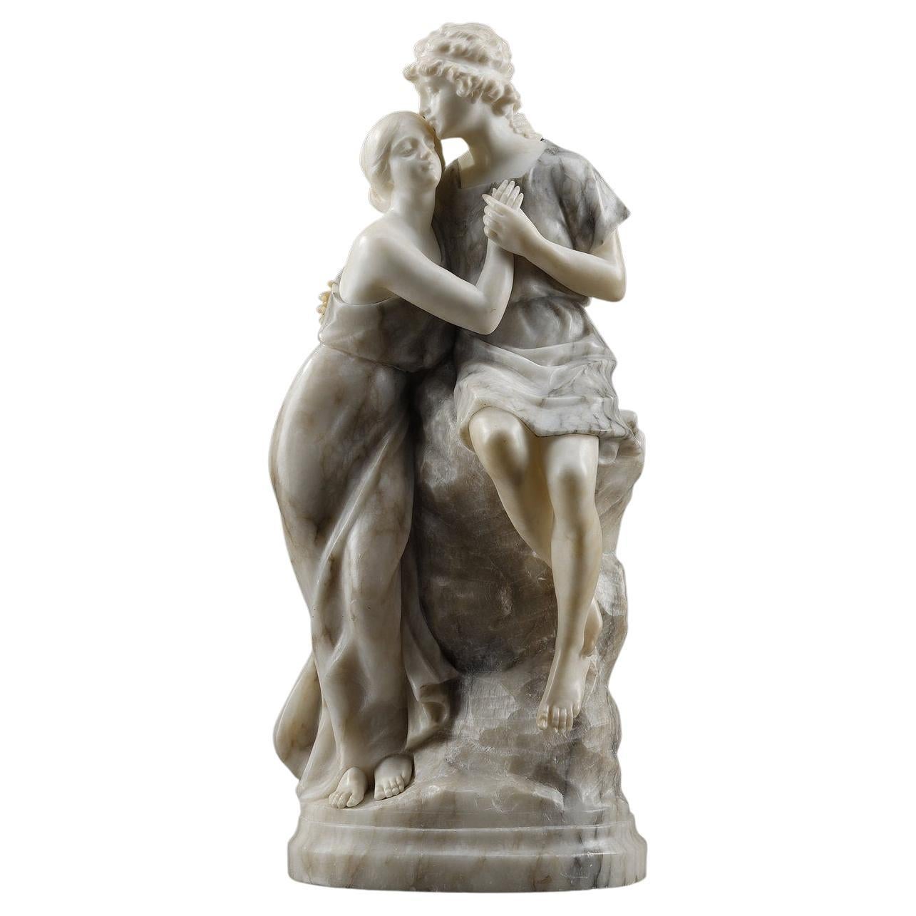 Statua in alabastro e marmo raffigurante Elena e Paride, XX secolo in vendita