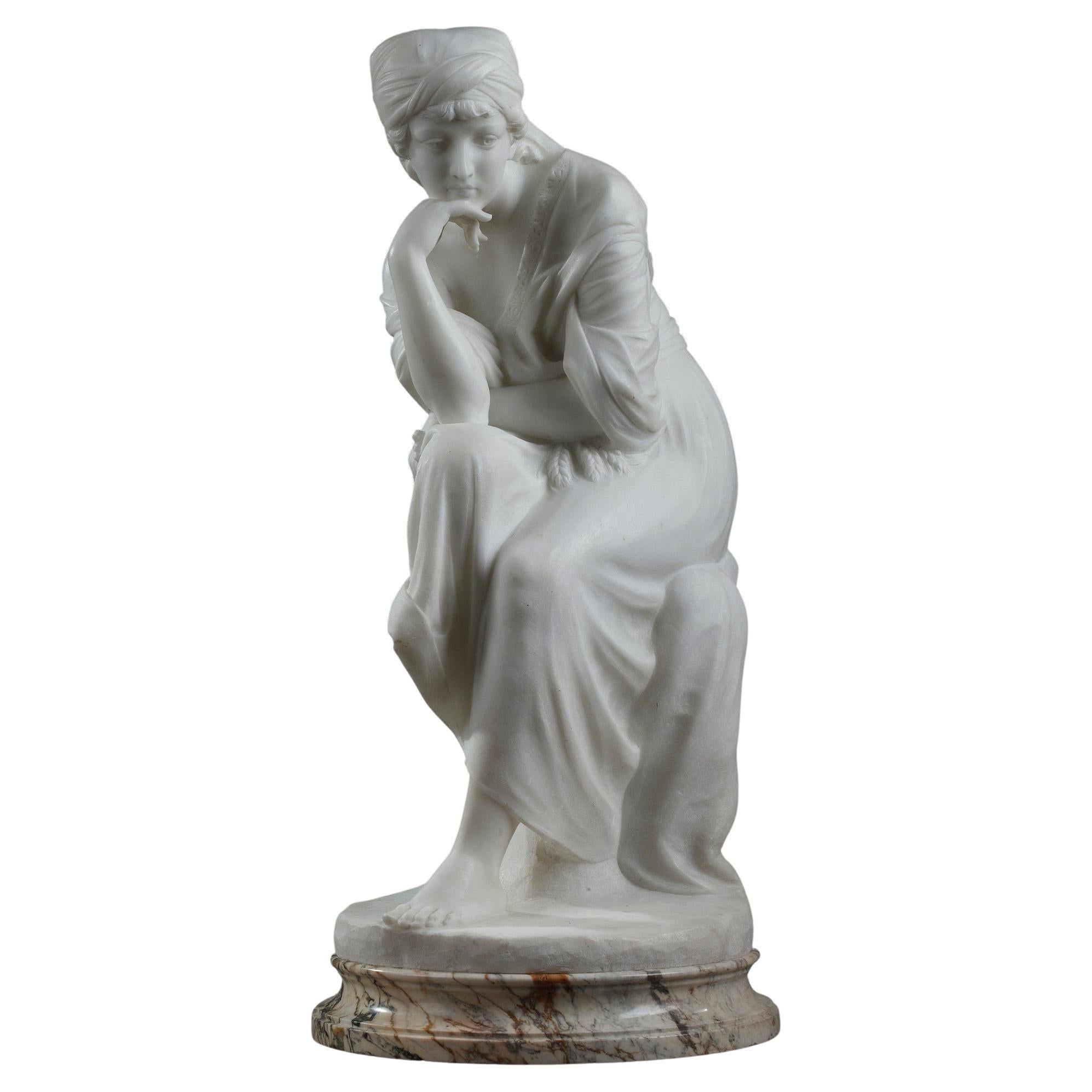 Statue in White Marble "Meditative Young Woman", Signed Pugi