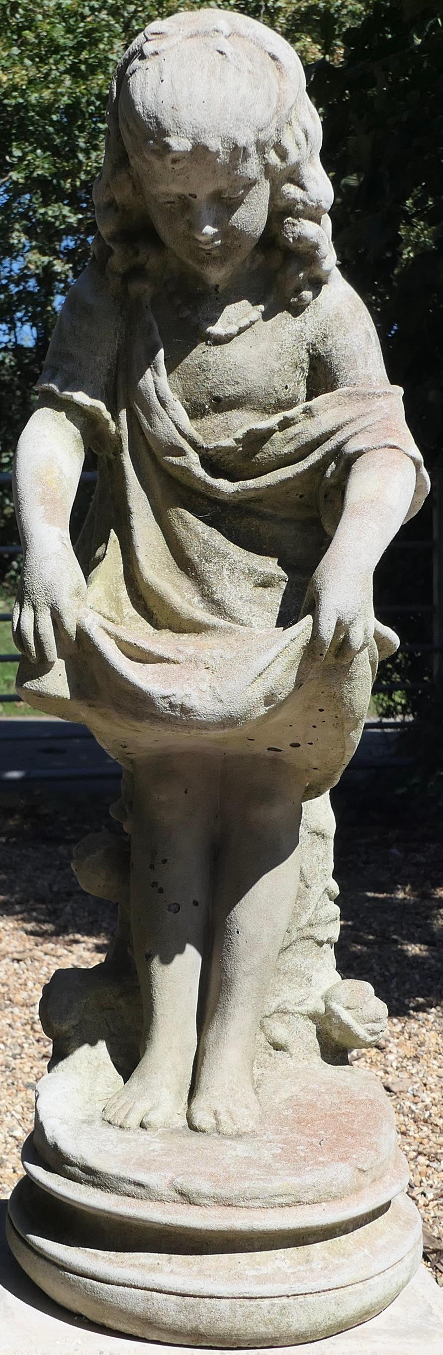 Statue of a Girl Holding Out her Apron

This is a very pretty piece, this is quite a tall girl on an oval plinth and when it has rained a little water gets trapped in her skirt and the smaller birds are attracted to it
An attractive piece in sound