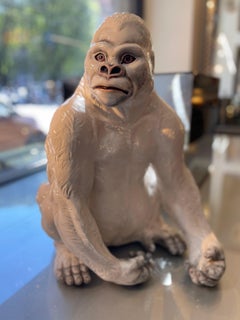 Statue of a Seated Gorilla Signed "Ronzan," 1950s, in White Ceramic