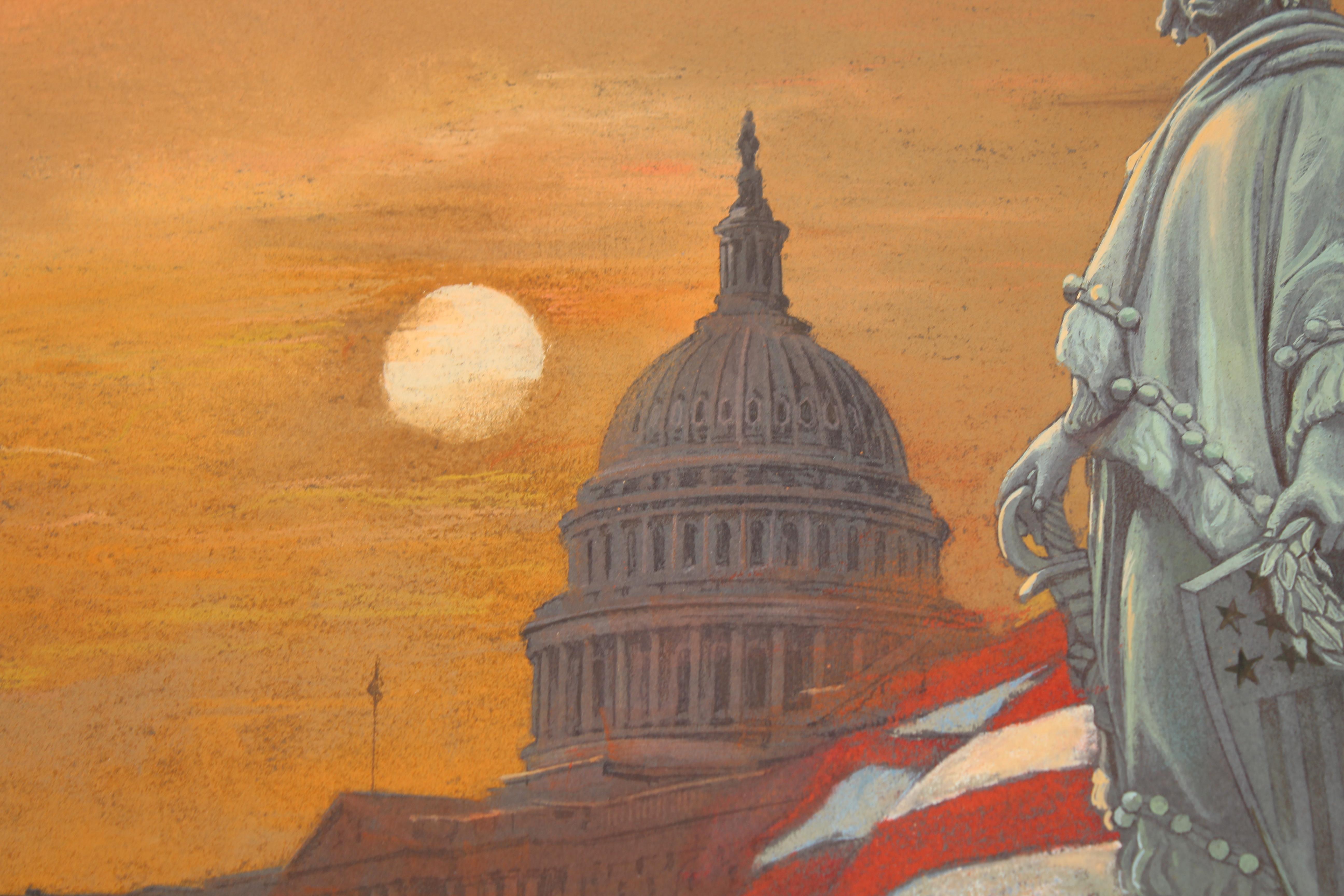 Presented is “Statue of Freedom,” an original chalk drawing by American artist Tom Lydon. The drawing shows an intricately detailed rendering of the Statue of Freedom, at the lower right of the composition. Behind the statue is a waving American