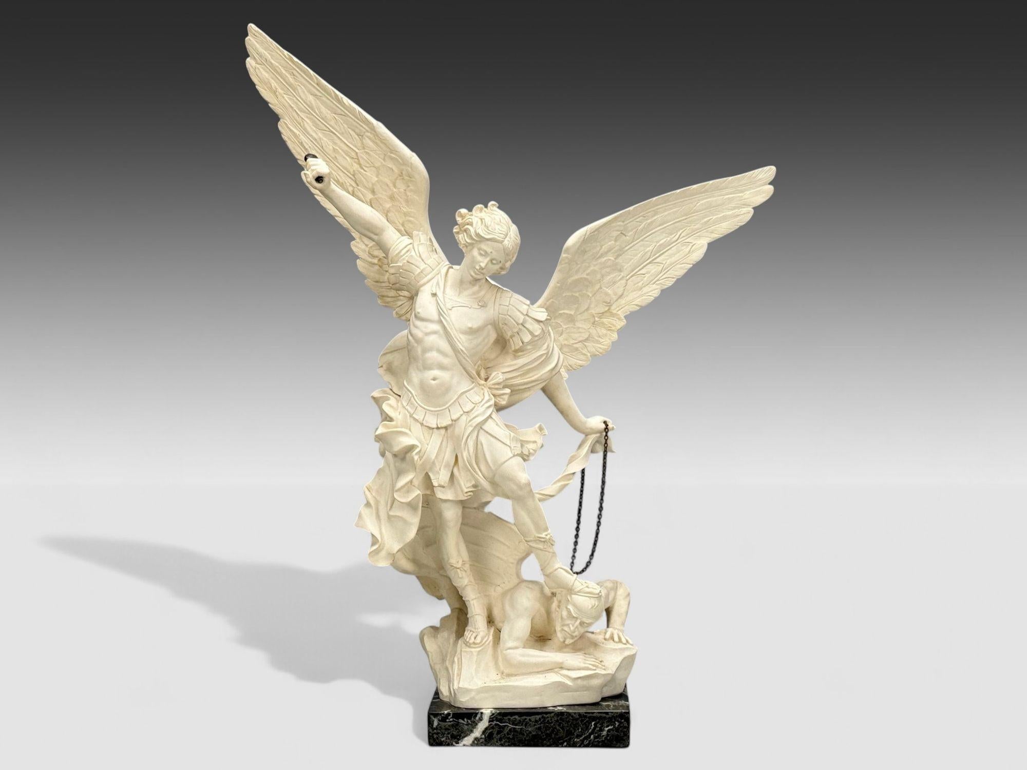 Neoclassical Statue of Saint Michael the Archangel, Composite, Marble Base, Italy, 20th c. For Sale