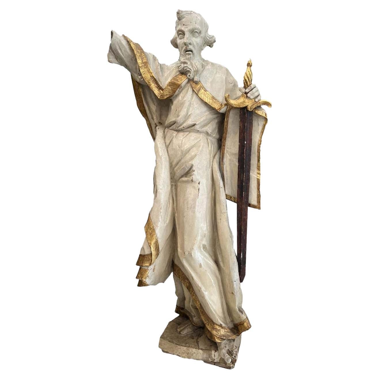 Statue of St. Paul with Sword, Large 17th Century Wooden  For Sale