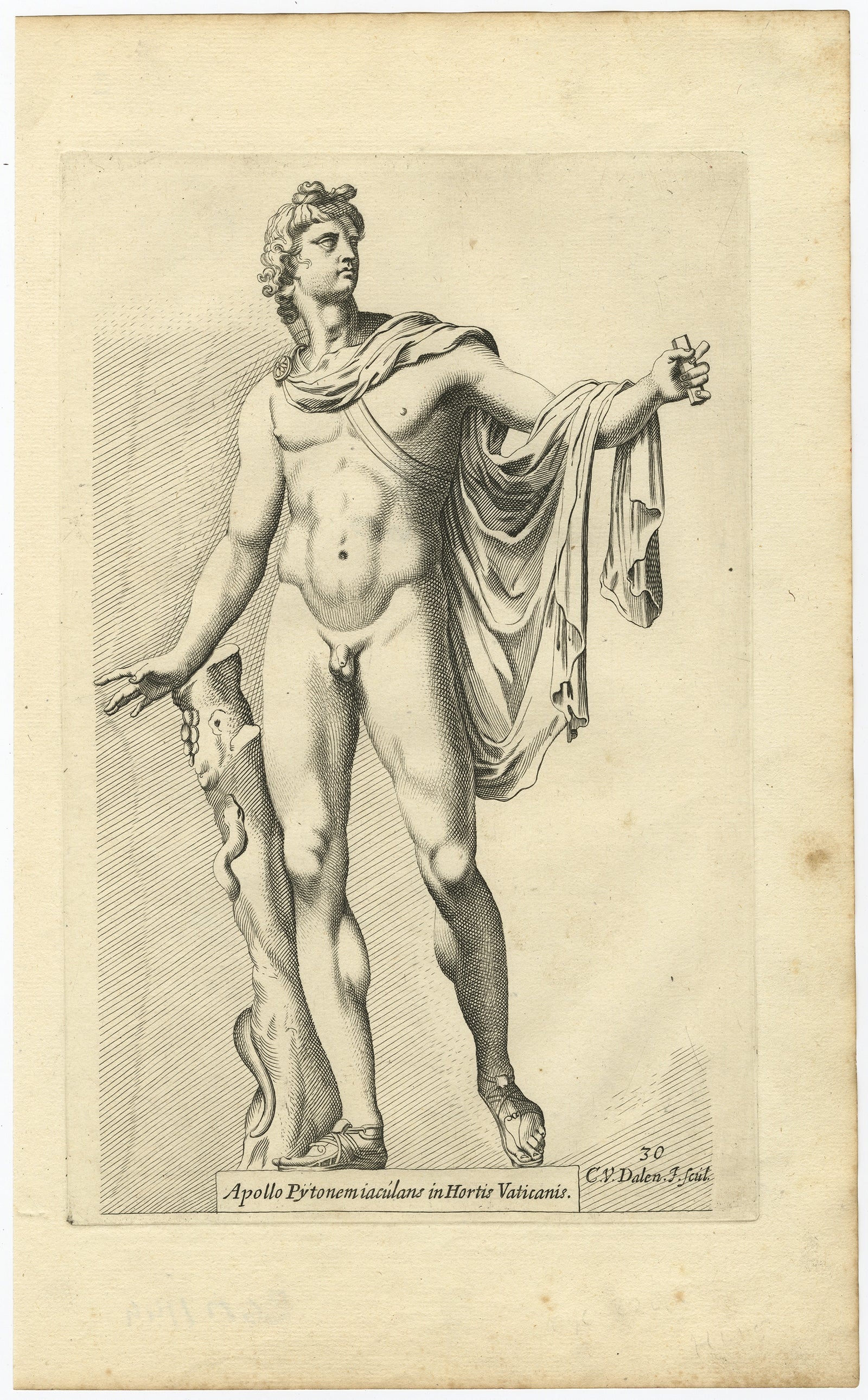 Antique print, titled: 'Apollo Pytonem iaculans in Hortis Vaticanis.' 

Statue of Apollo with Python. Apollo is one of the Olympian deities in classical Greek and Roman religion and mythology.

From the 1660 Dutch edition of 'Icones et Segmenta