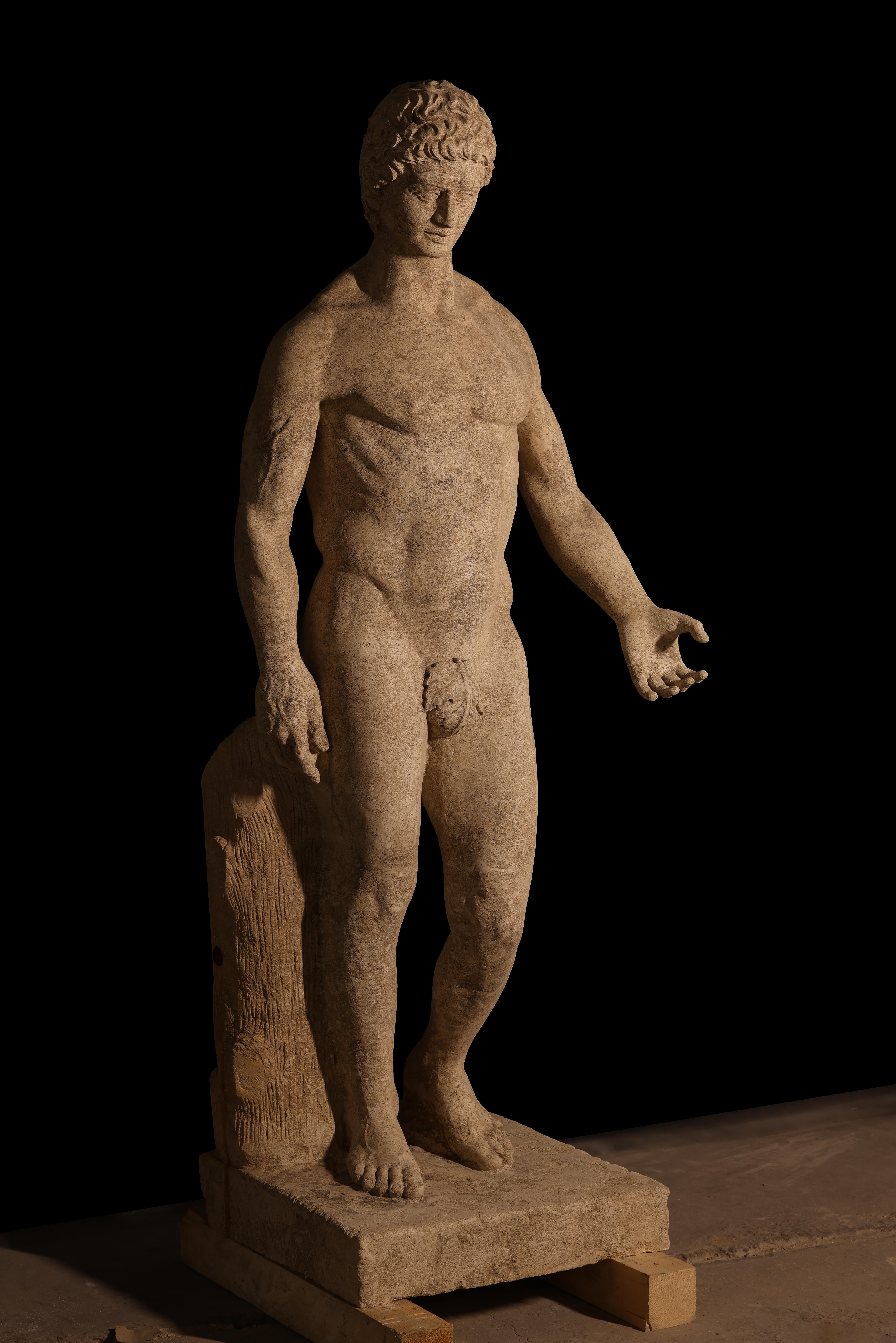 Antique statue life sized Roman Greek natural stone old sculpture. 

The antique life sized statue displayed in this Ad is one of 12  reclaimed life sized limestone statues. 
In this specific First Dibs Ad Listing you are purchasing only ONE statue