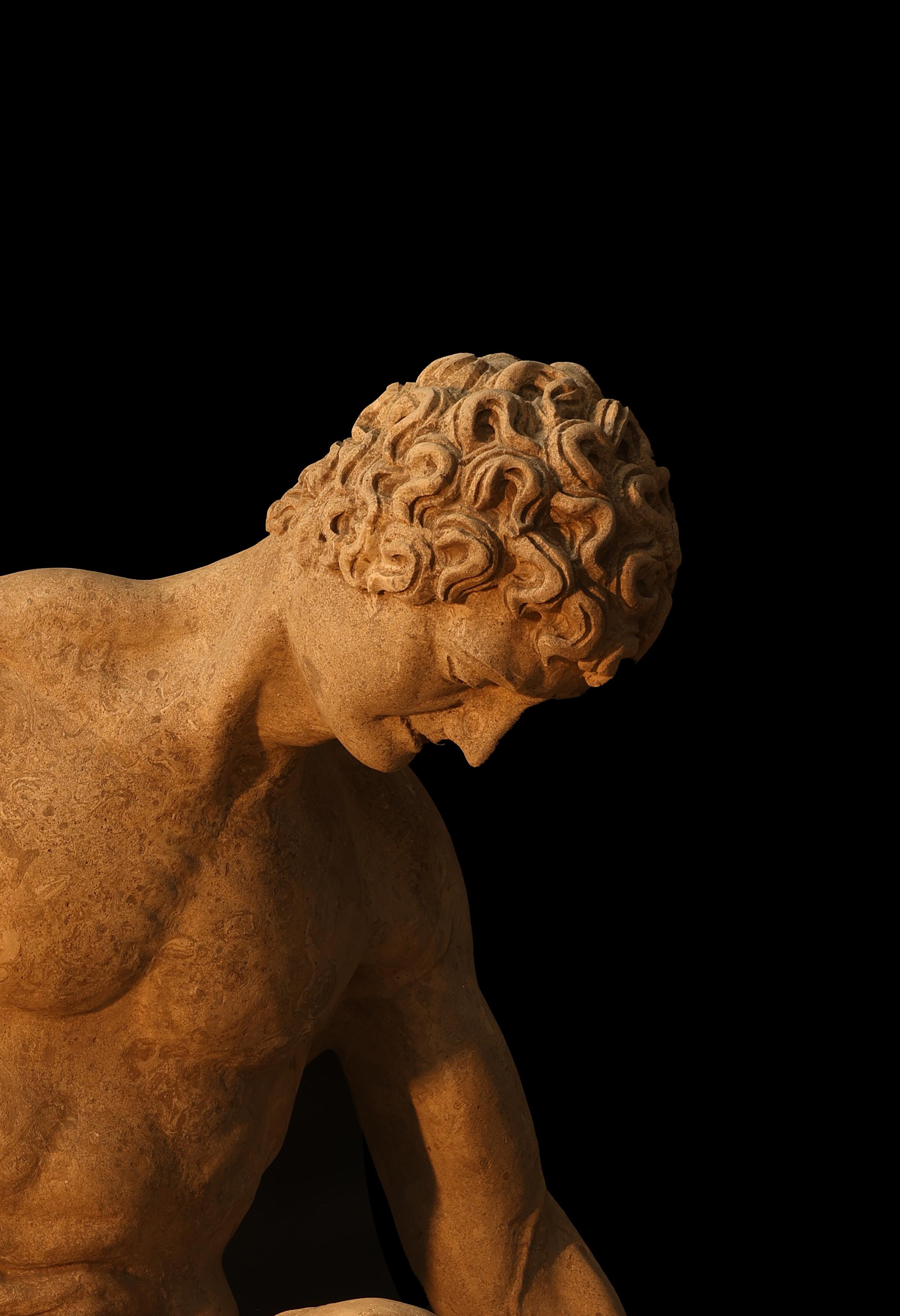 Antique statue life sized Roman Greek natural stone old sculpture. 

The antique statue displayed in this Ad is one of 12  reclaimed life sized limestone statues. 

In this specific First Dibs Ad Listing you are purchasing only ONE statue that is