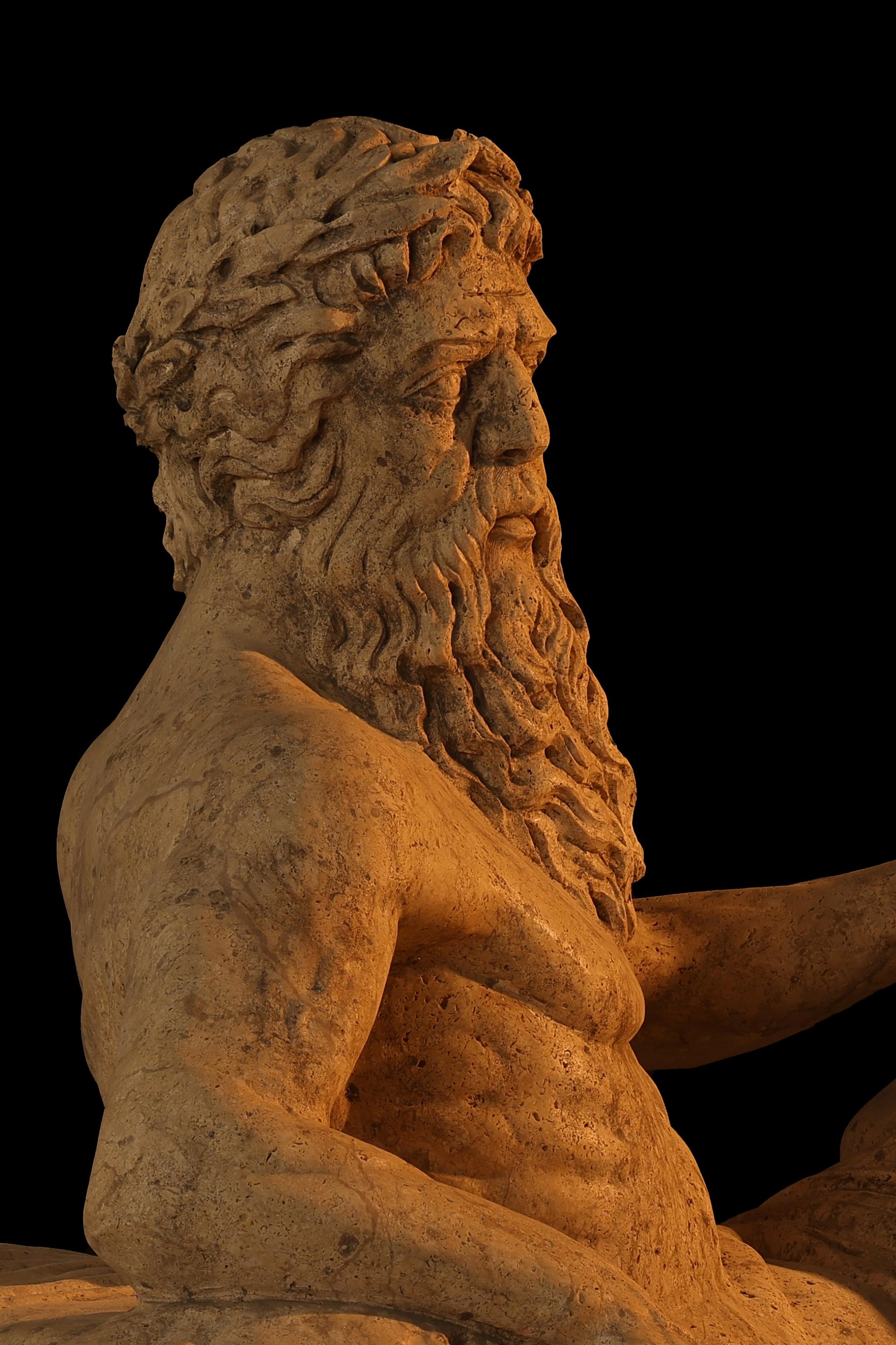 Antique statue life sized Roman Greek natural stone old sculpture. 

The antique statue displayed in this Ad is one of 12  reclaimed life sized limestone statues. 

In this specific First Dibs Ad Listing you are purchasing only ONE statue that is