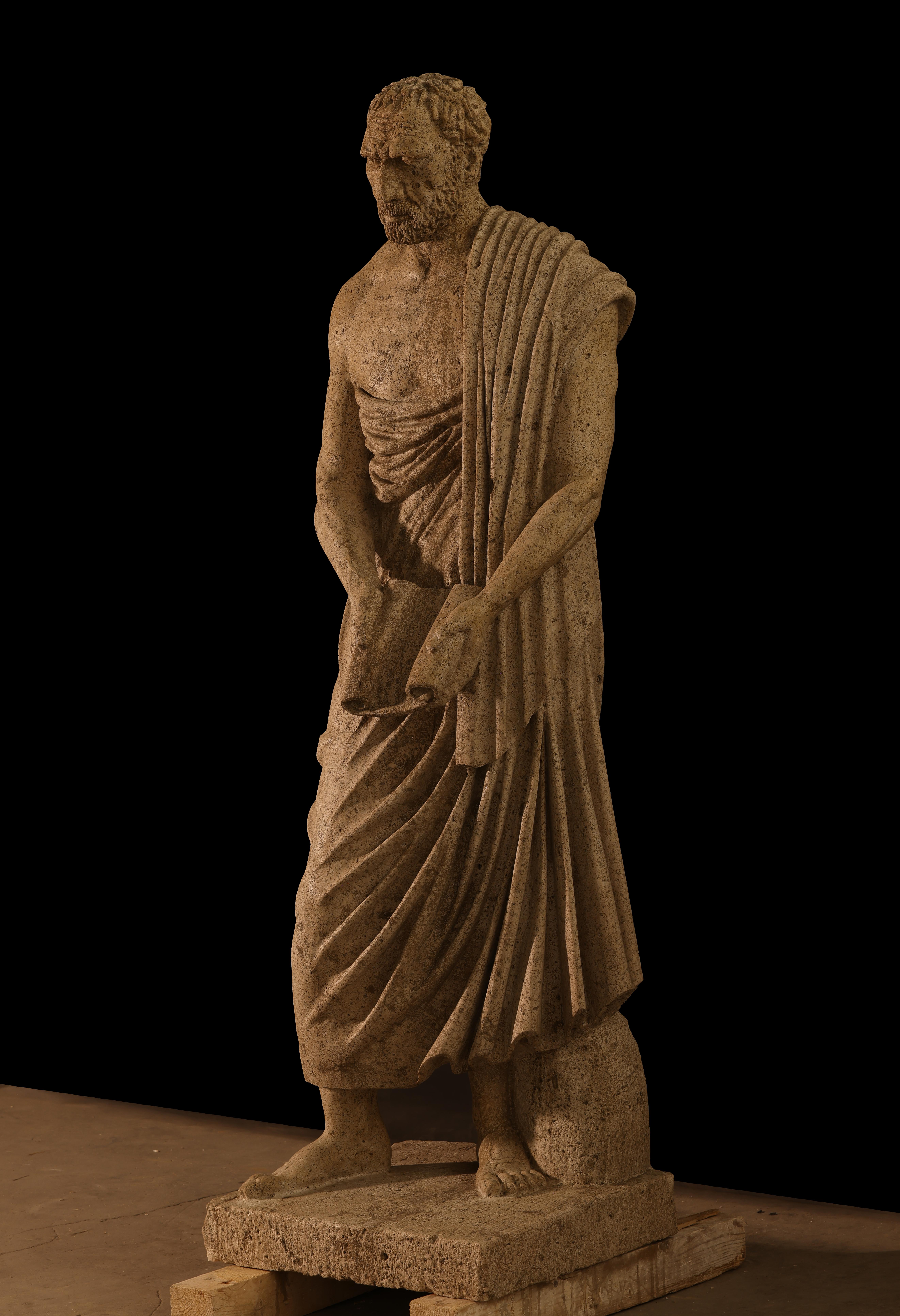 Hand-Carved Statue sculpture life size antique old Roman Greek stone reclaimed carving decor For Sale
