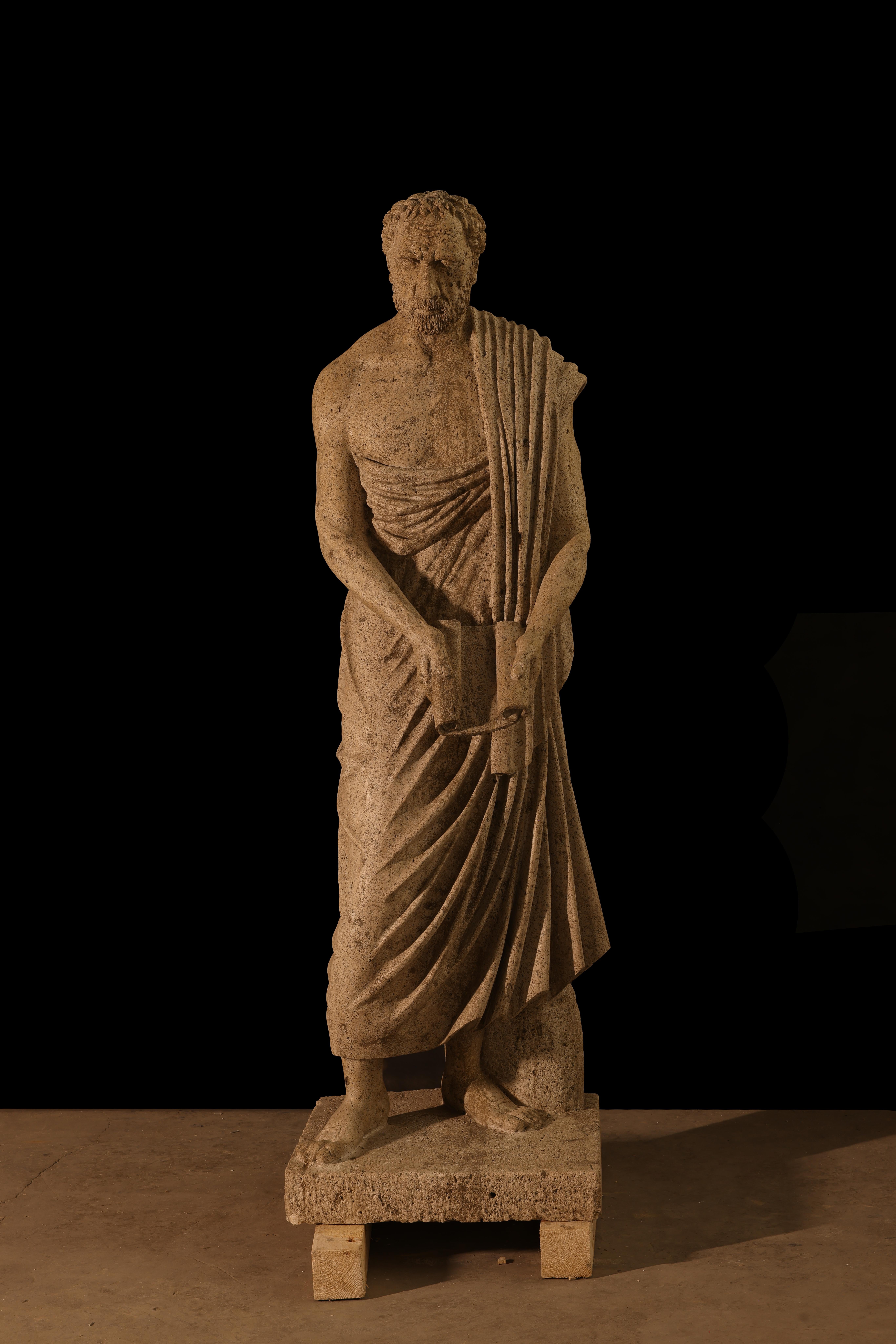 Statue sculpture life size antique old Roman Greek stone reclaimed carving decor In Distressed Condition For Sale In Costa Mesa, CA