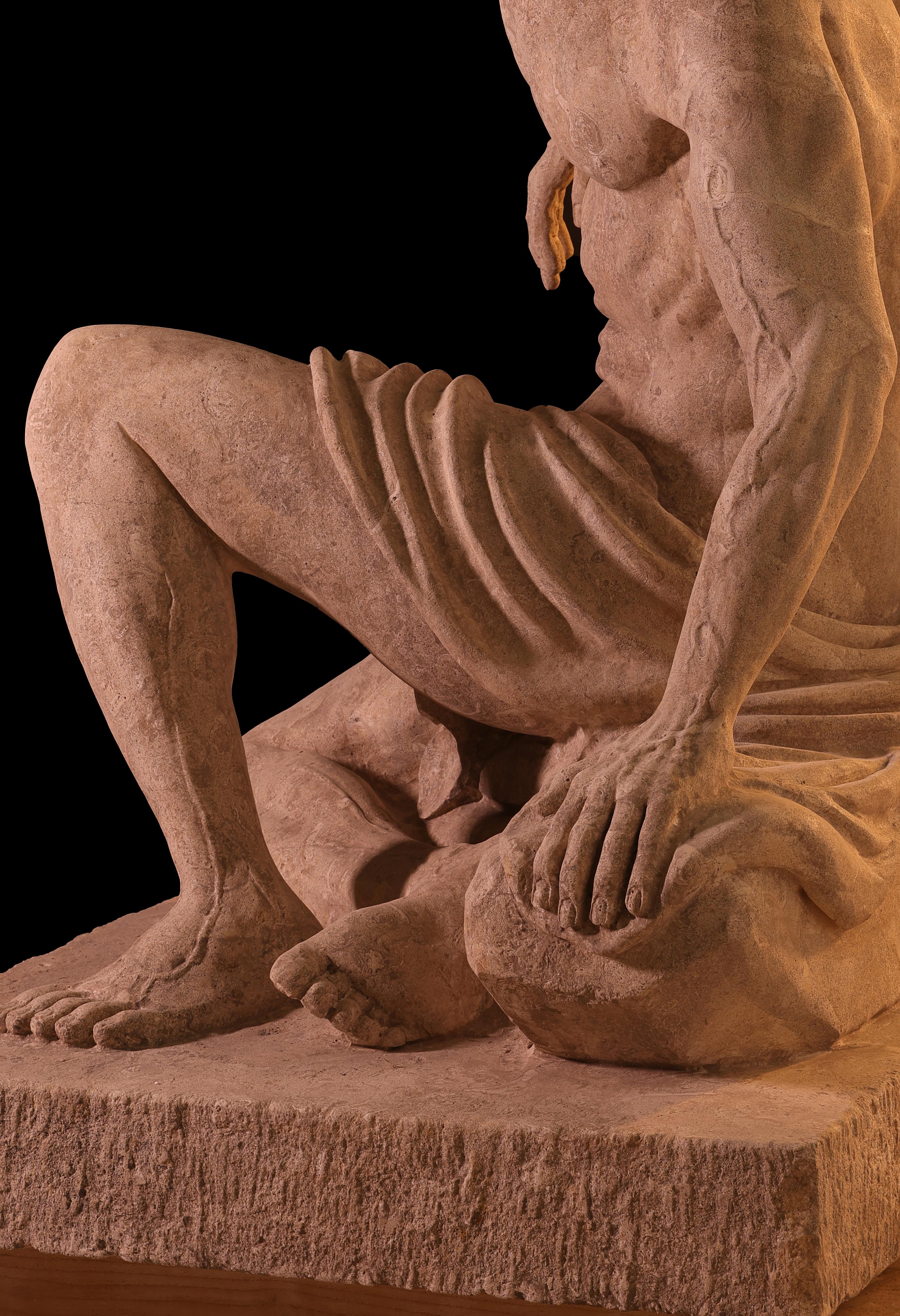 Statue sculpture life size antique old Roman Greek stone reclaimed carving decor In Distressed Condition For Sale In Costa Mesa, CA