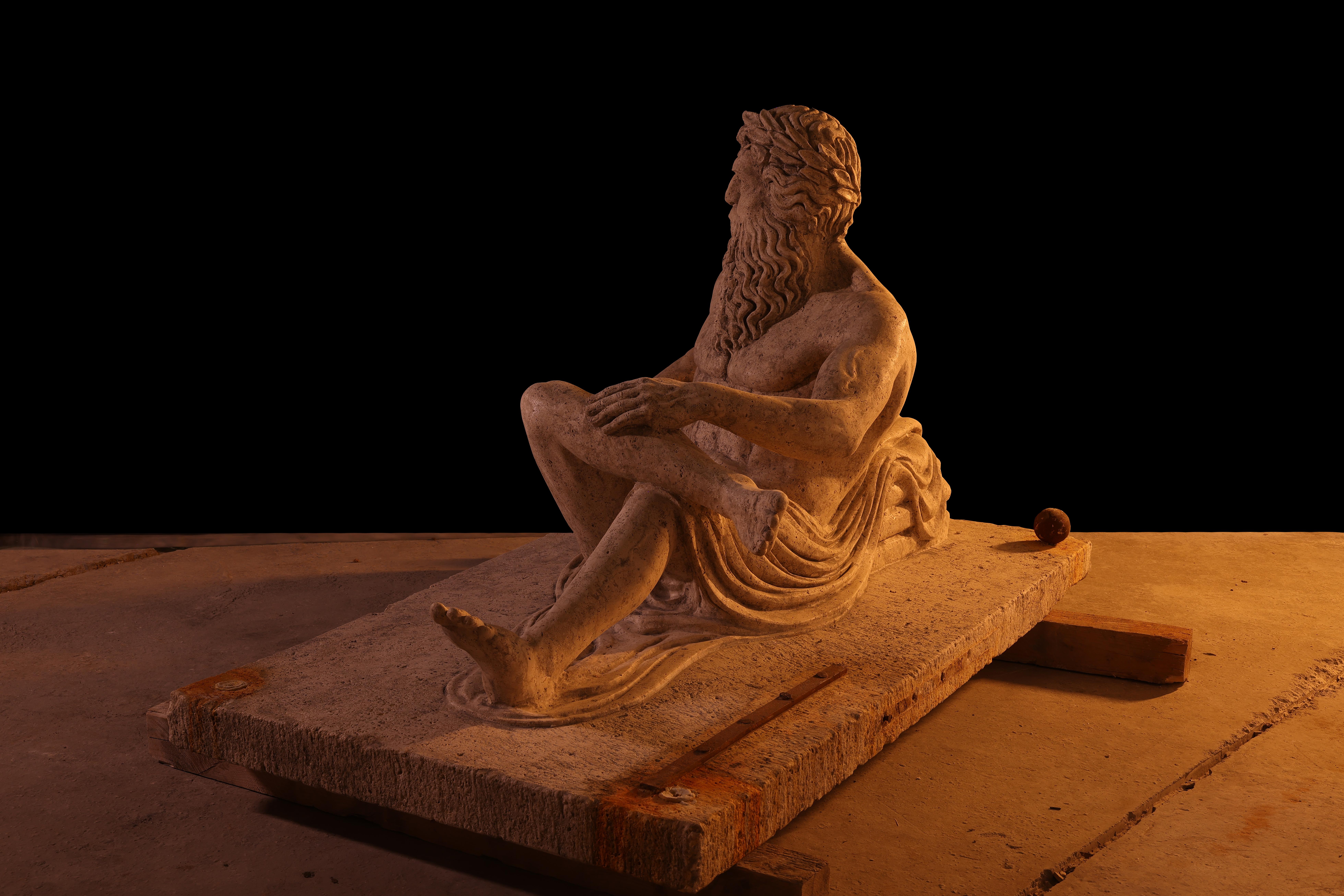 Statue sculpture life size antique old Roman Greek stone reclaimed carving decor In Distressed Condition For Sale In Costa Mesa, CA