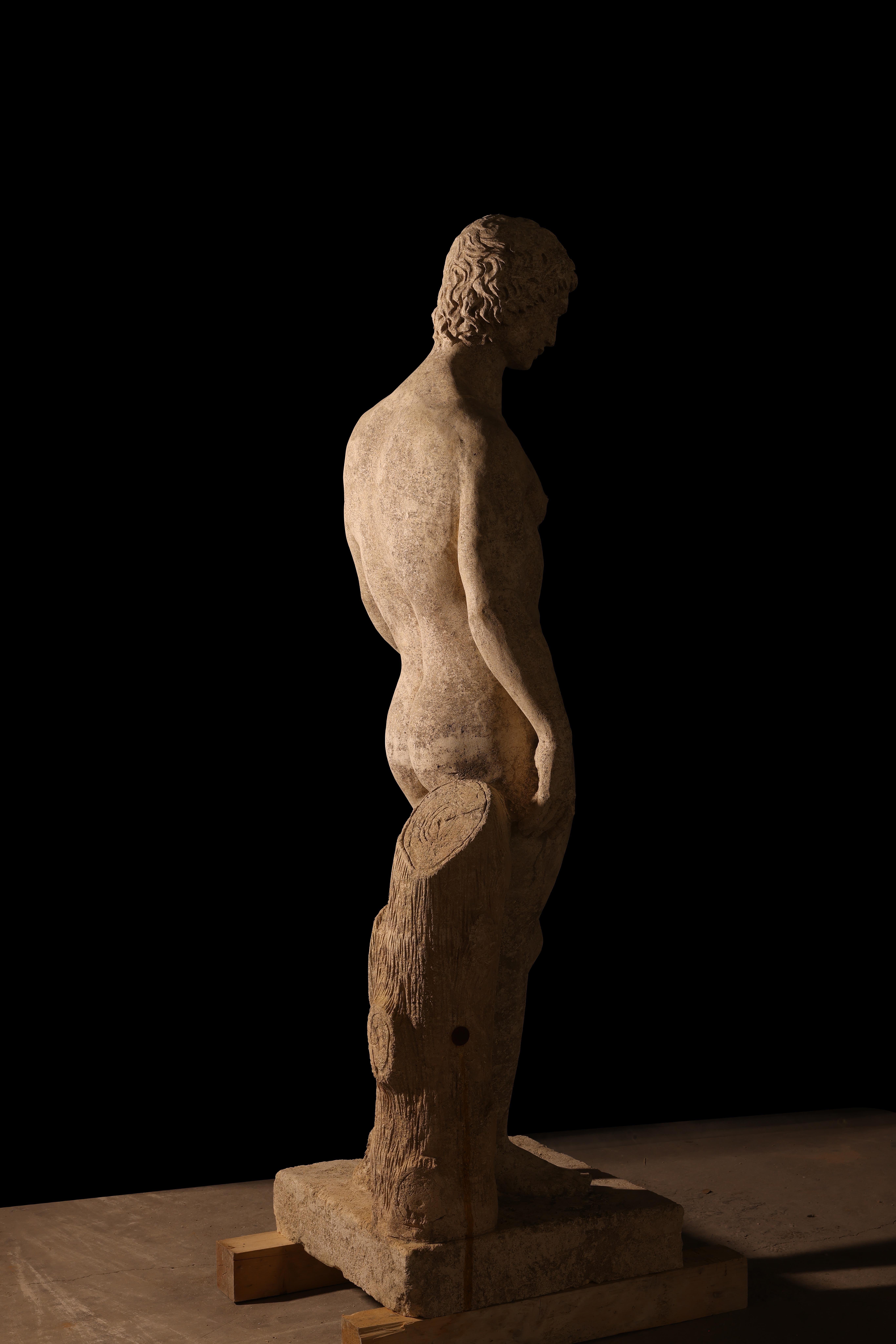Limestone Statue sculpture life size antique old Roman Greek stone reclaimed carving decor For Sale