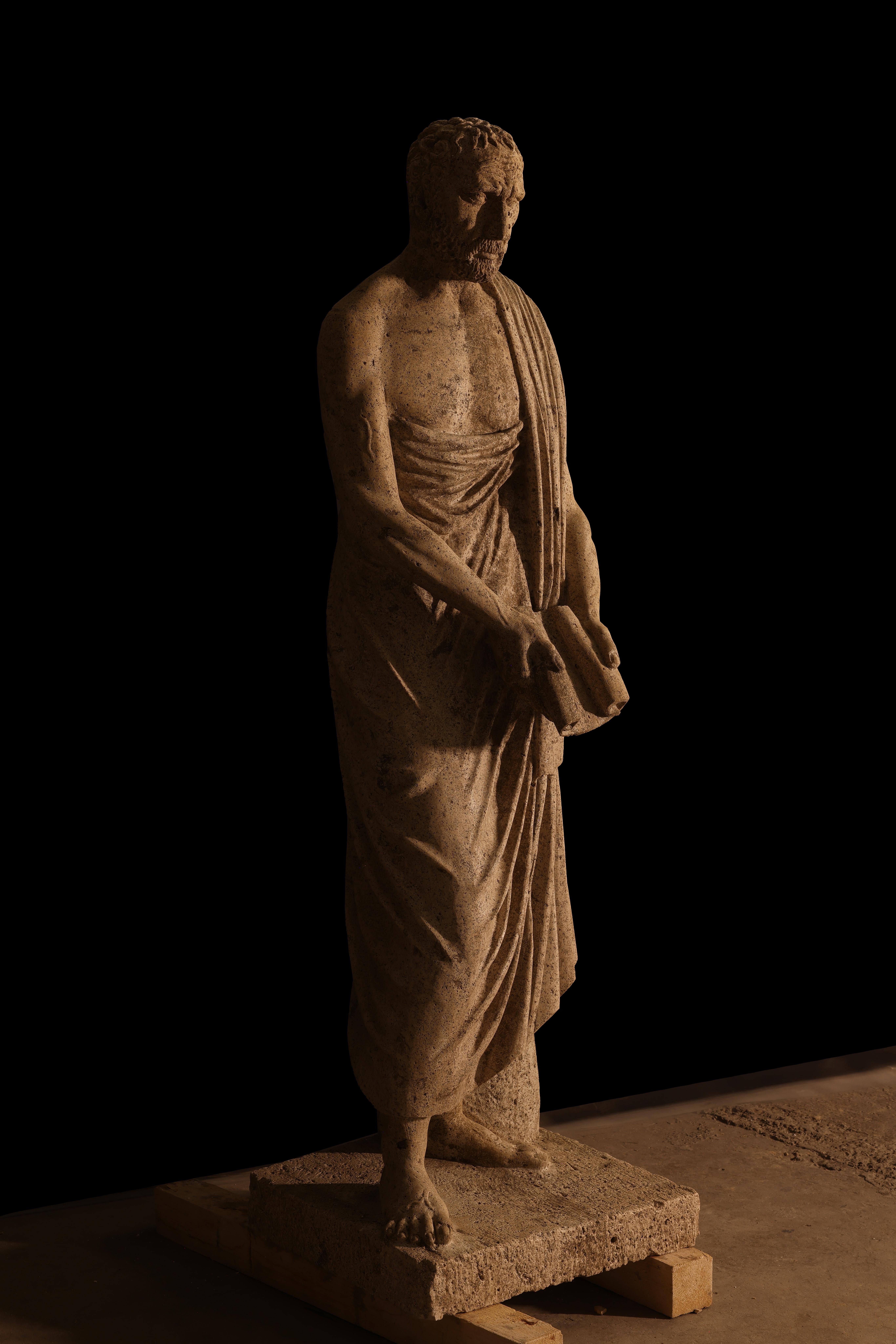 Limestone Statue sculpture life size antique old Roman Greek stone reclaimed carving decor For Sale