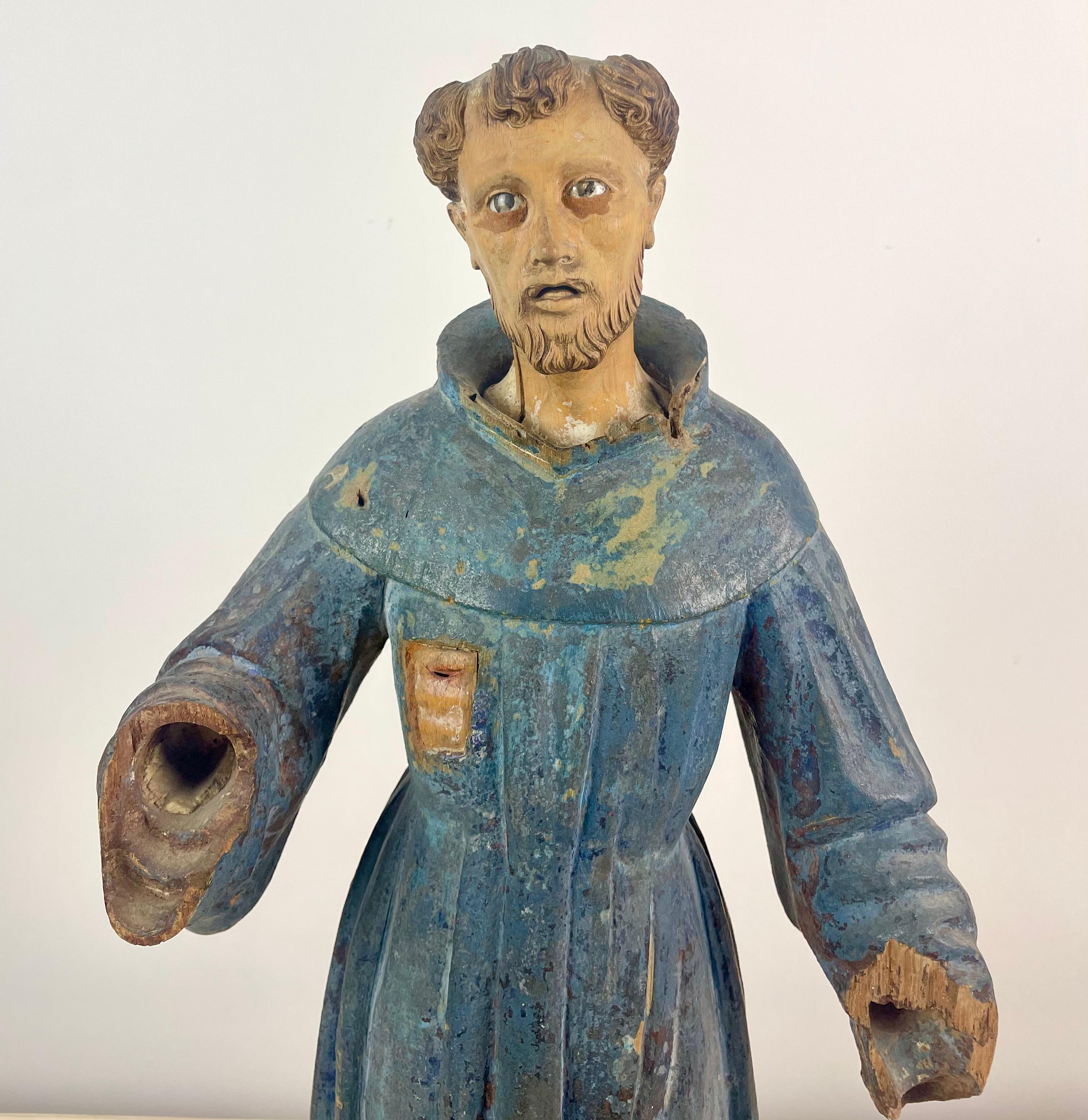 Spanish Statue sculpture of Saint Francis of Assisi. Polychrome wood. 17th/18th Spain