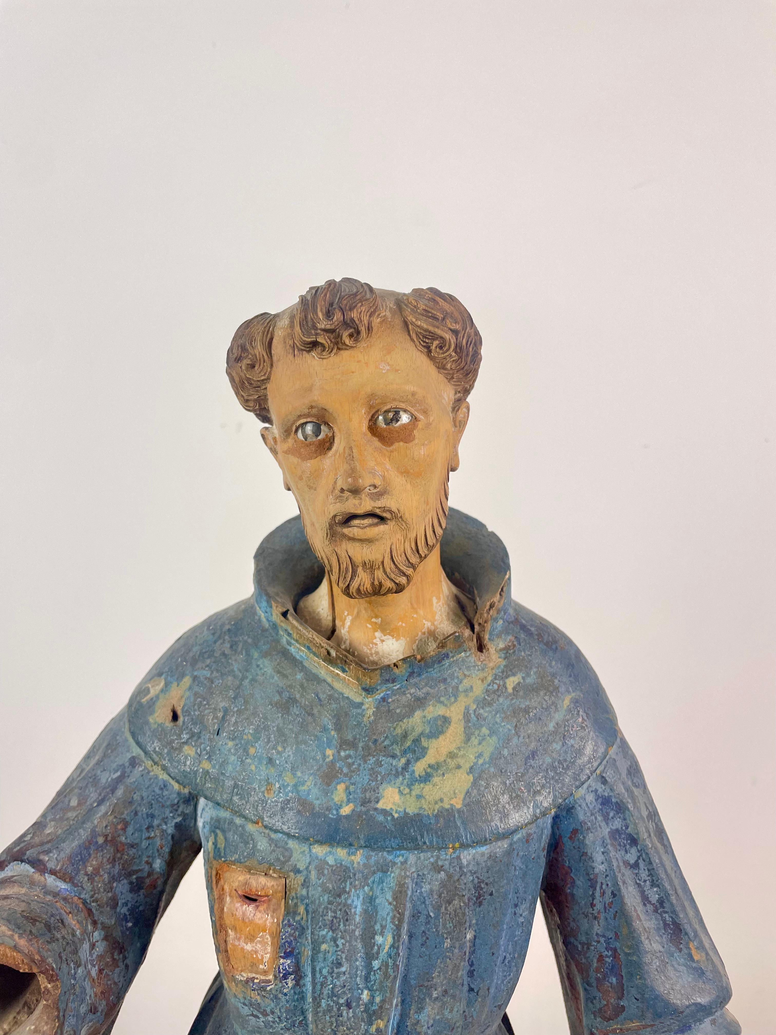 Polychromed Statue sculpture of Saint Francis of Assisi. Polychrome wood. 17th/18th Spain