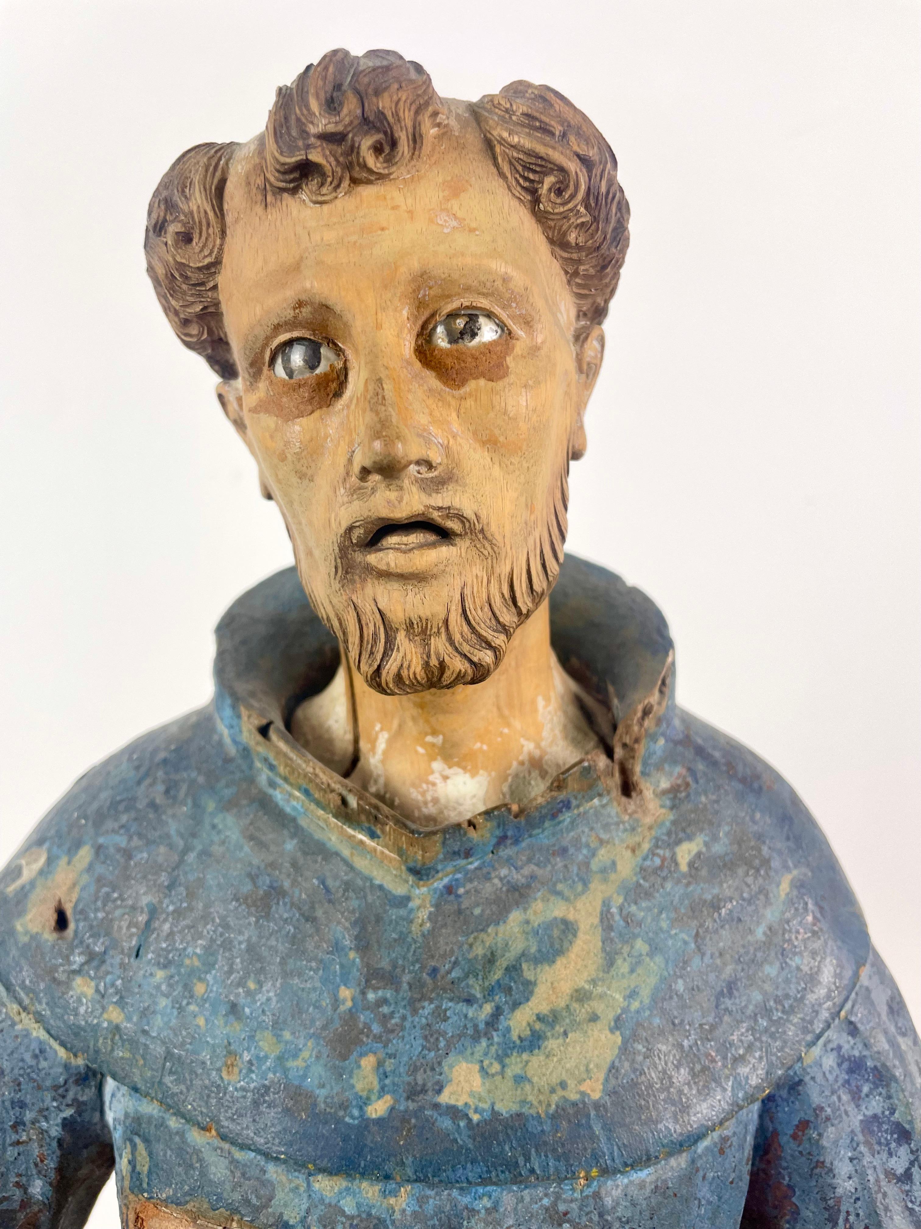 Statue sculpture of Saint Francis of Assisi. Polychrome wood. 17th/18th Spain In Good Condition In Beuzevillette, FR