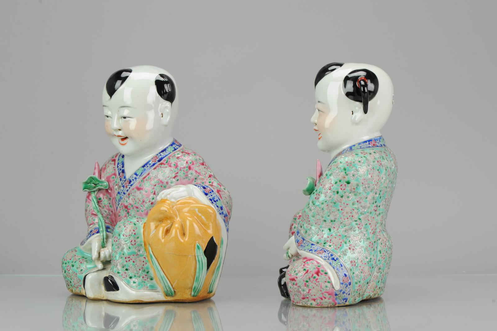 Qing Statues China 1940/50 He-He Twins Marked on Base Chinese Porcelain Proc/Minguo For Sale