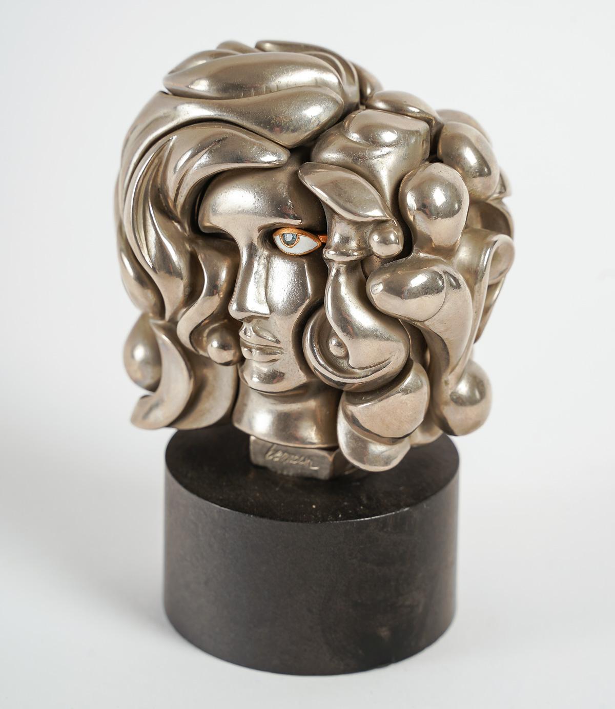 Silvered Statuette by Miguel Berrocal, Head of a Woman For Sale