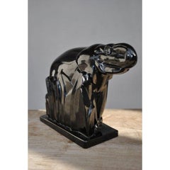 Statuette Elephant Black Glass Knight for Baccarat Raised Horn
