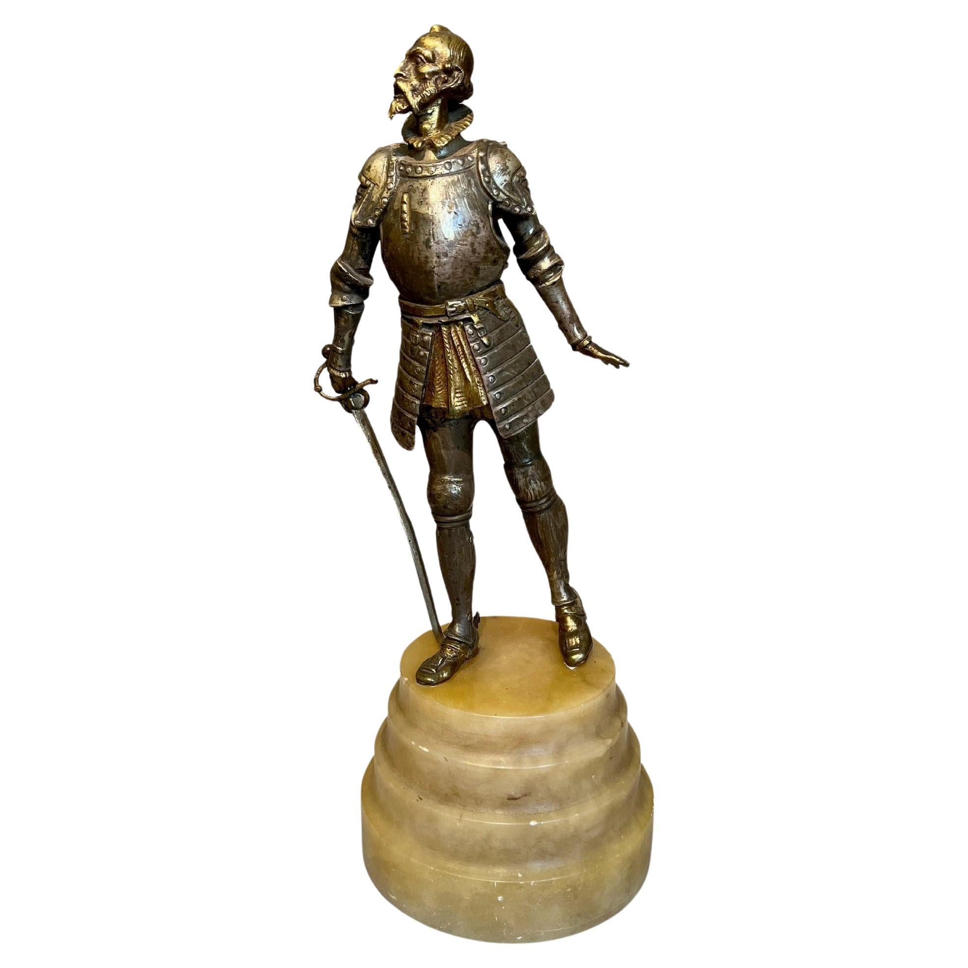 Statuette des Don Quijote aus Bronze und Alabaster, Spanien um 1900 im Angebot