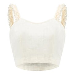 Staud Cream Linen Raffia Fringe Crop Top Size S