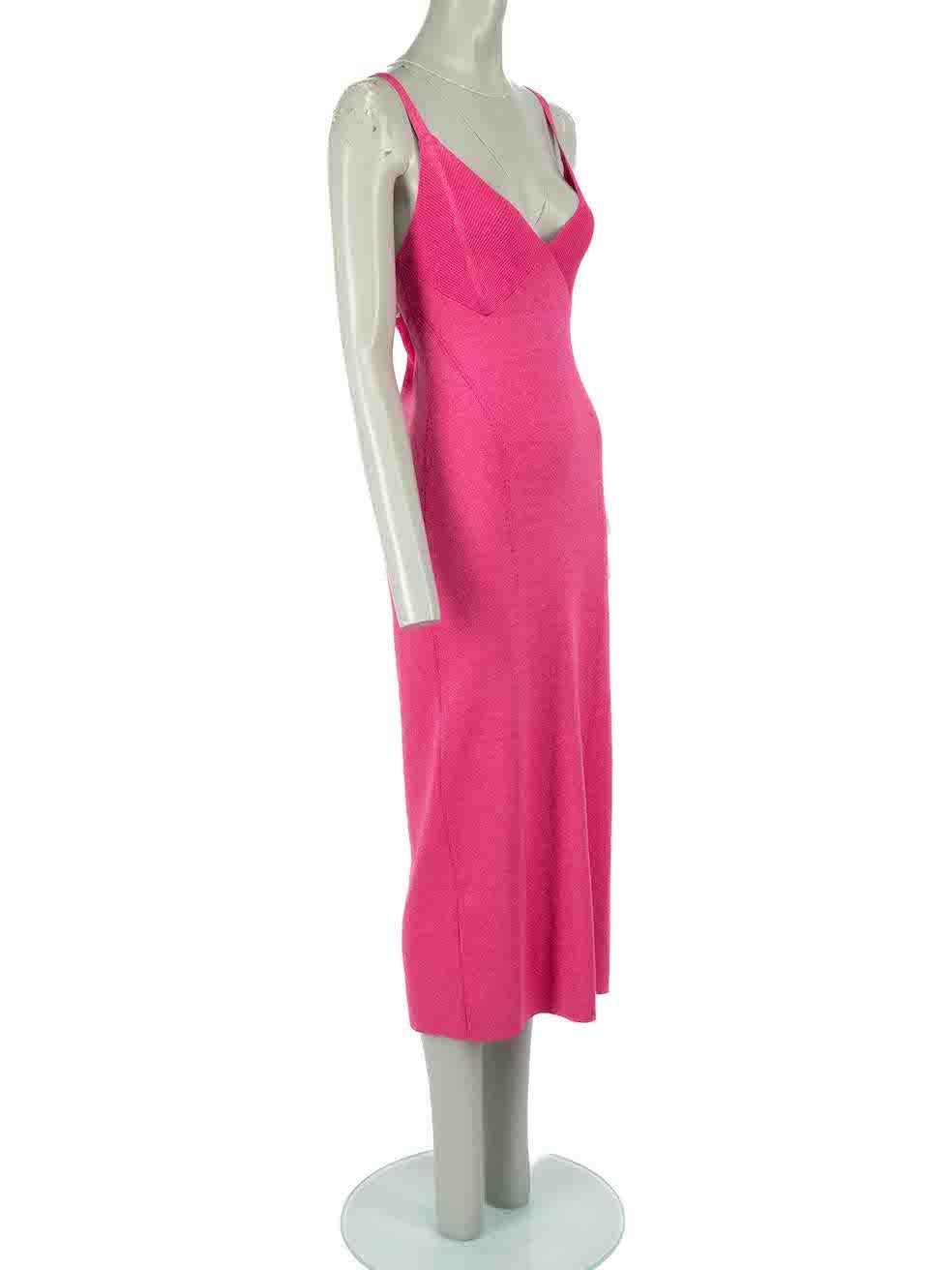 CONDITION is Never worn. No visible wear to dress is evident on this new STAUD designer resale item
 
 Details
 Hot pink
 Viscose
 Dress
 Metallic thread
 Sleeveless
 V-neck
 Midi
 Figure hugging fit
 Midi
 
 
 Made in China
 
 Composition
 50%