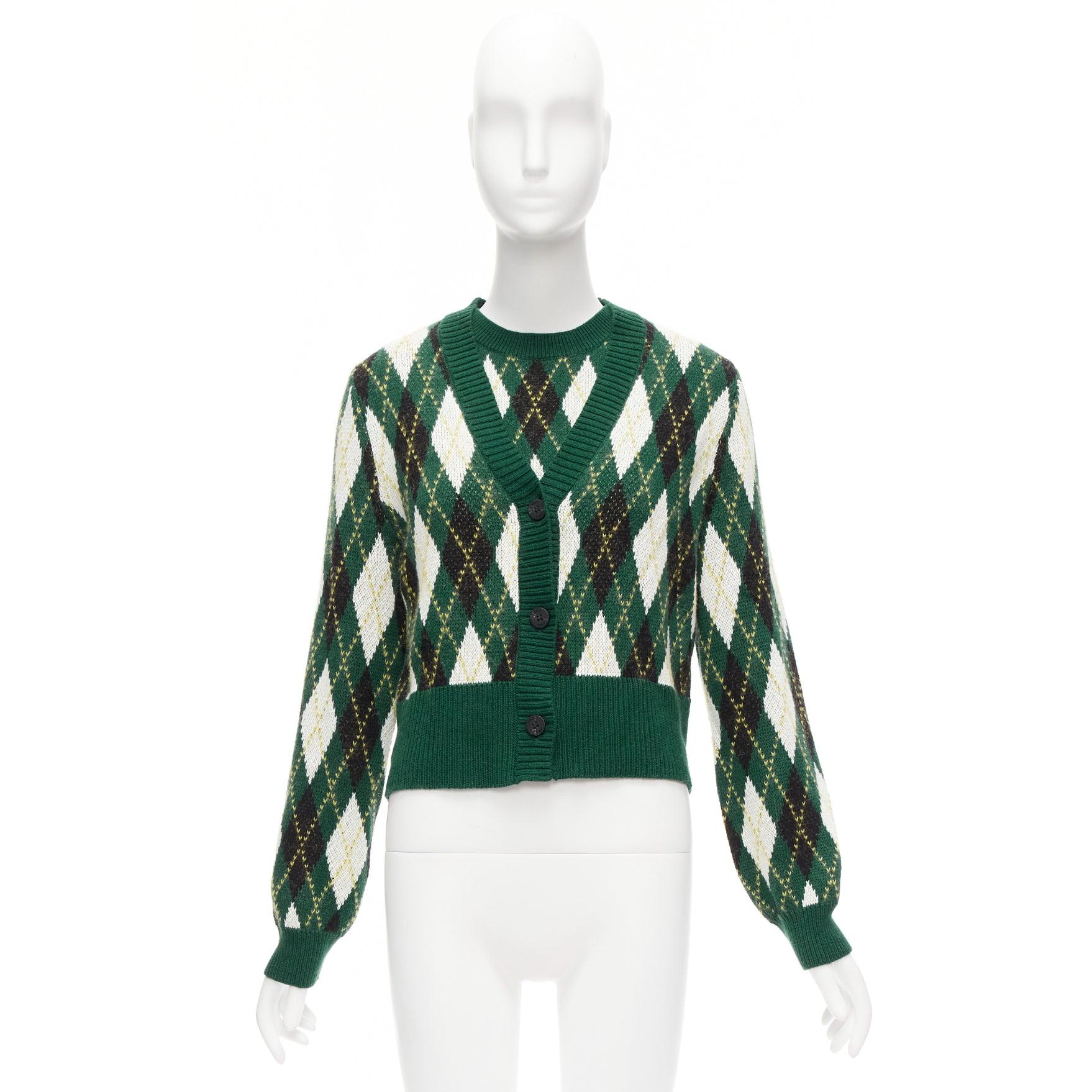 STAUD Knave green black Argyle cotton wool sweater vest cardigan twin set XS For Sale 7