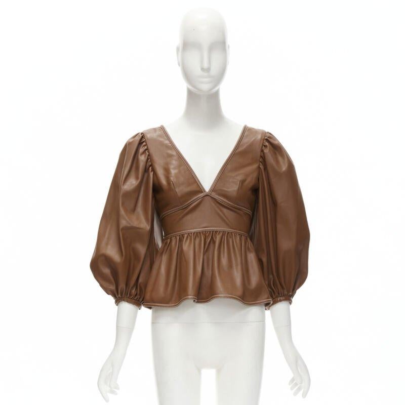 STAUD Luna tan marron vegan faux cuir col plongeant top à manches bouffantes US0 XS en vente 5